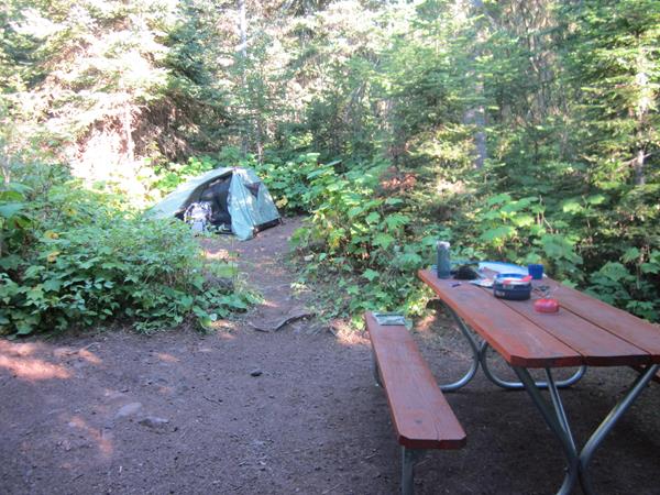 A campsite with a tent and picnic table
