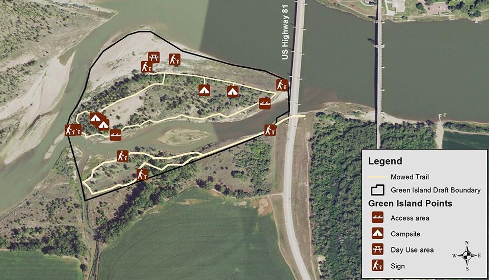 Aerial map of Green Island Recreation Area with hiking trail, water trail access and campsites