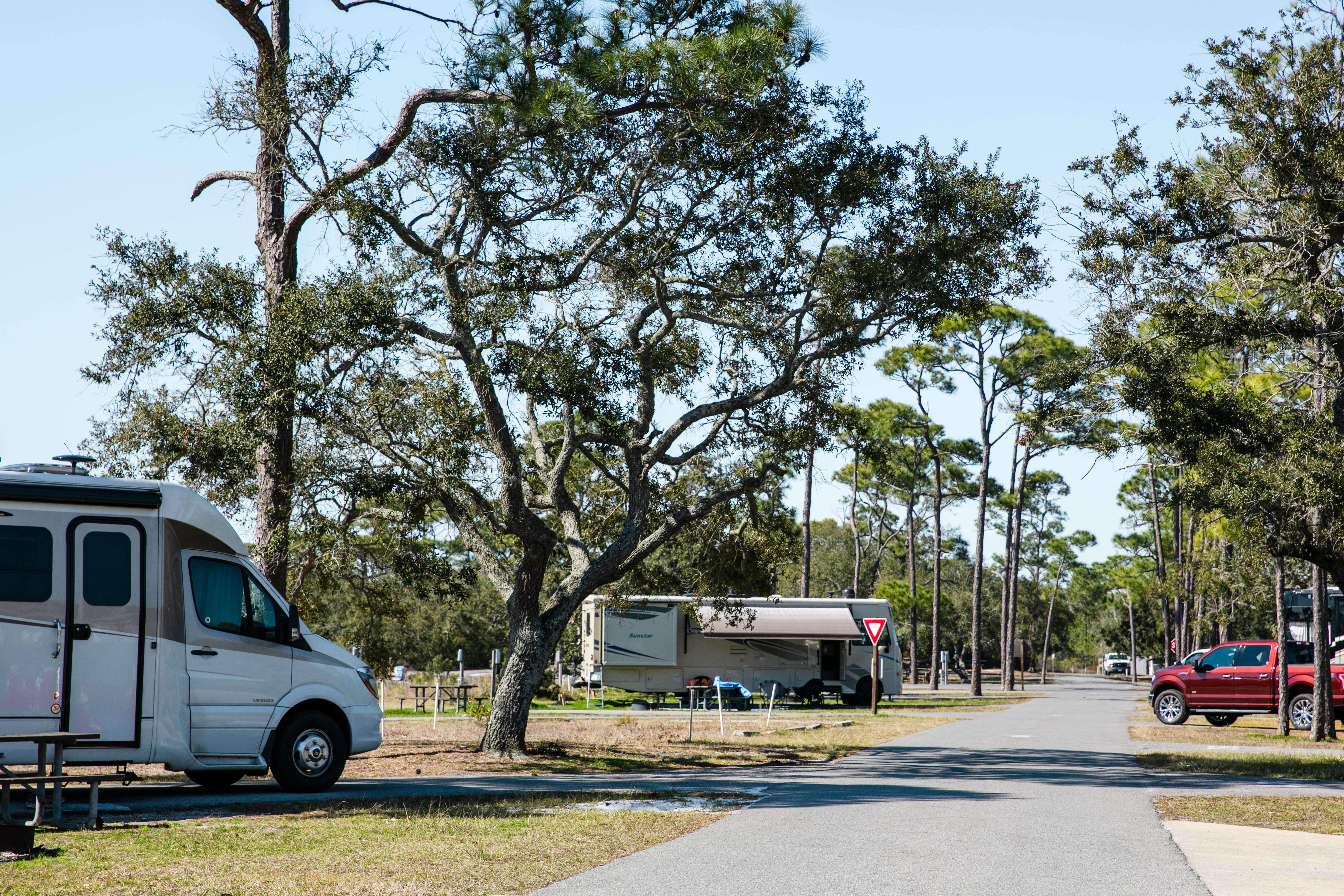 A road bisects a grassy campground with RVs and cars.