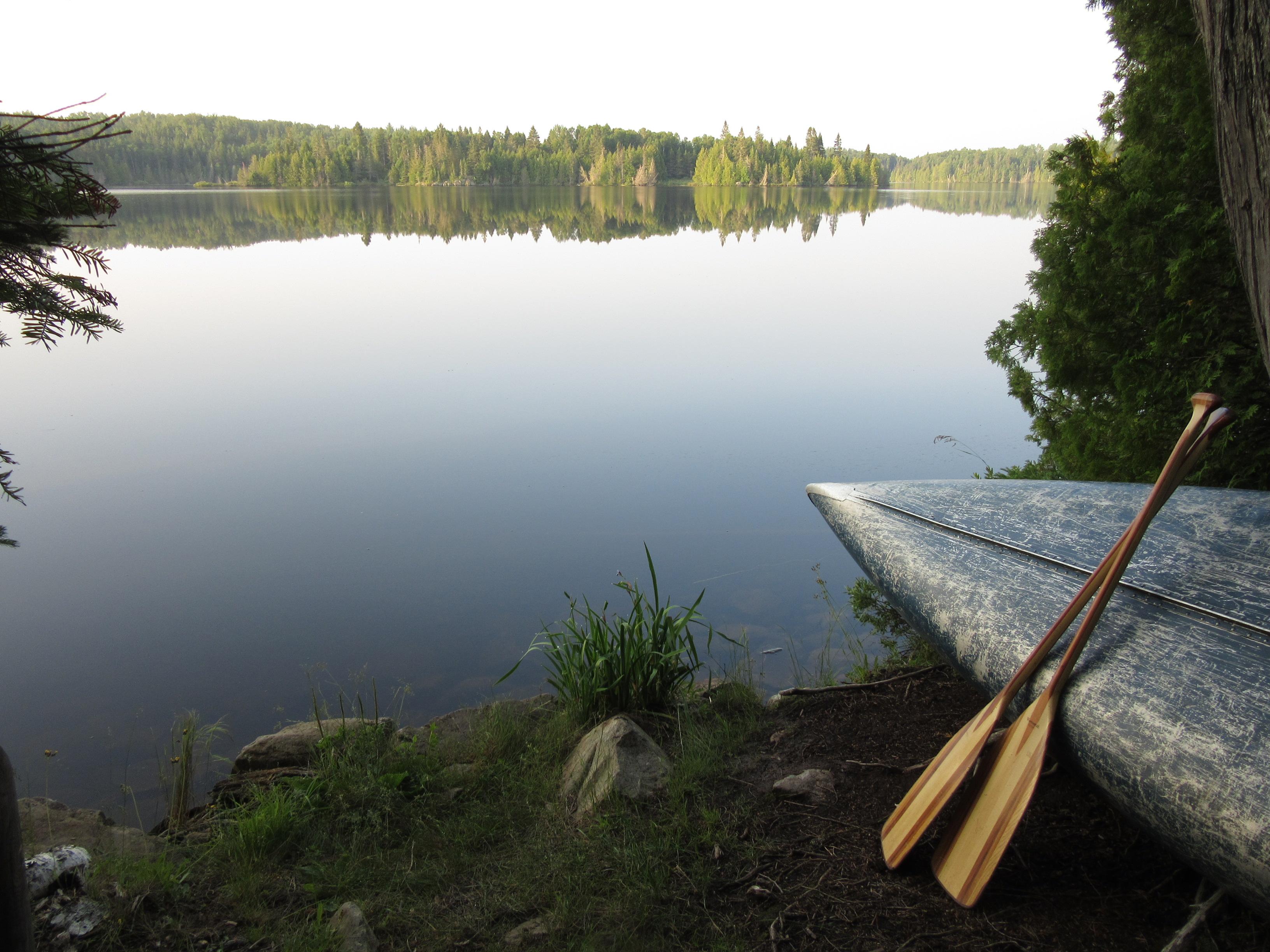 Calm waters of a small lake greet the bow of an overturned canoe with paddles resting against it.