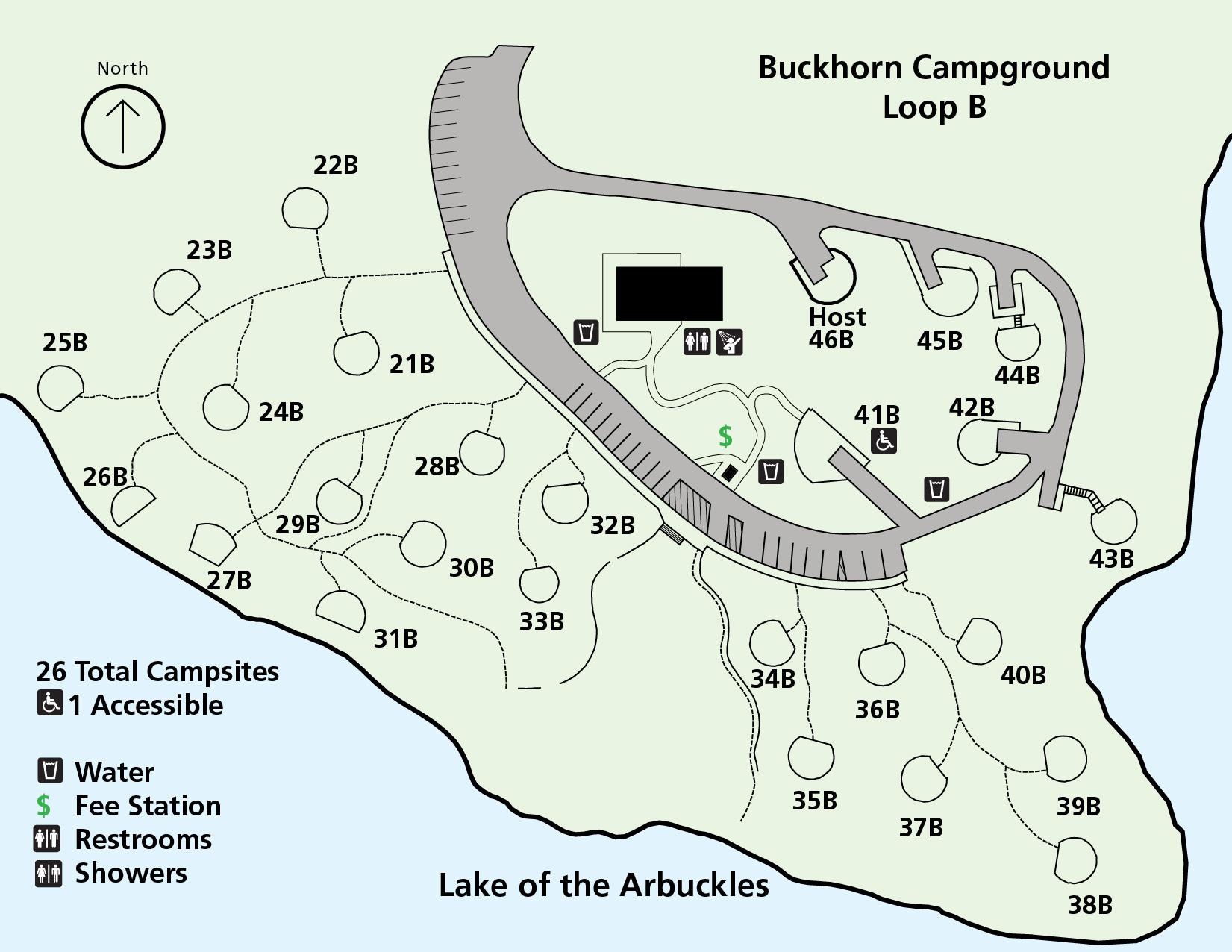 A map of Buckhorn Loop B depicting the relative locations of the restrooms, campsites, and lakeshore