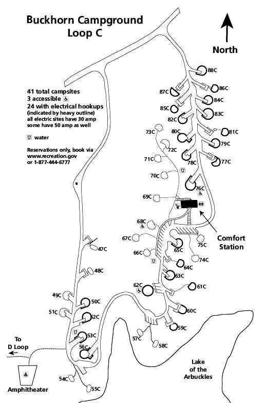 A map of Buckhorn Loop C depicting the relative locations of the restrooms, campsites, and lakeshore