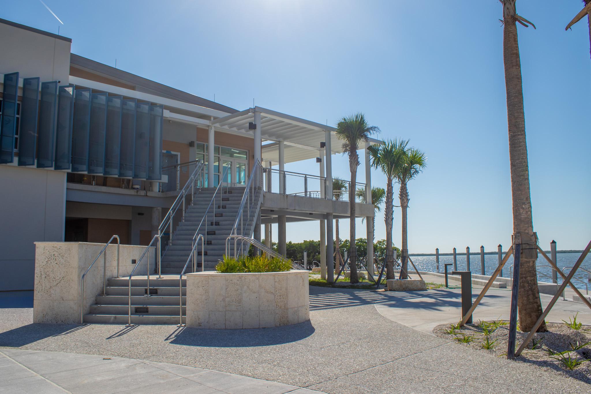 Staircase leading to the elevated visitor center entrance.