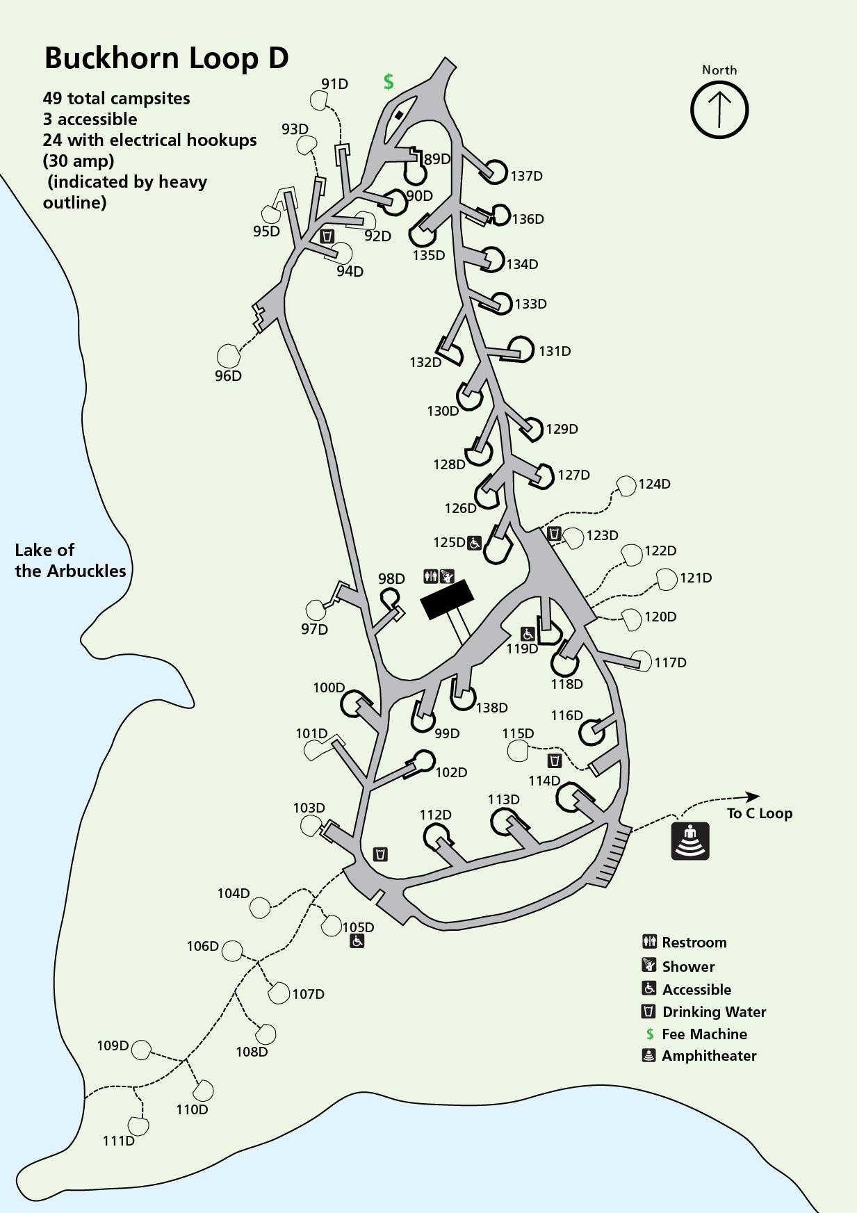 A map of Buckhorn Loop D depicting the relative locations of the restrooms, campsites, and lakeshore
