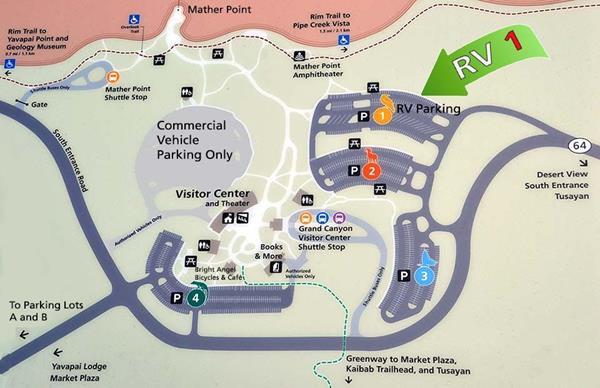 Map shows relation of 4 public parking lots in relation to the Visitor Center Plaza.
