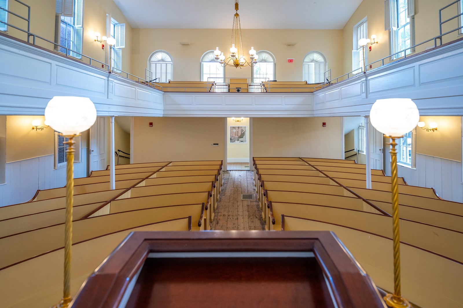 View from the pulpit at the African Meeting House, which has rows of benches and an upper gallery