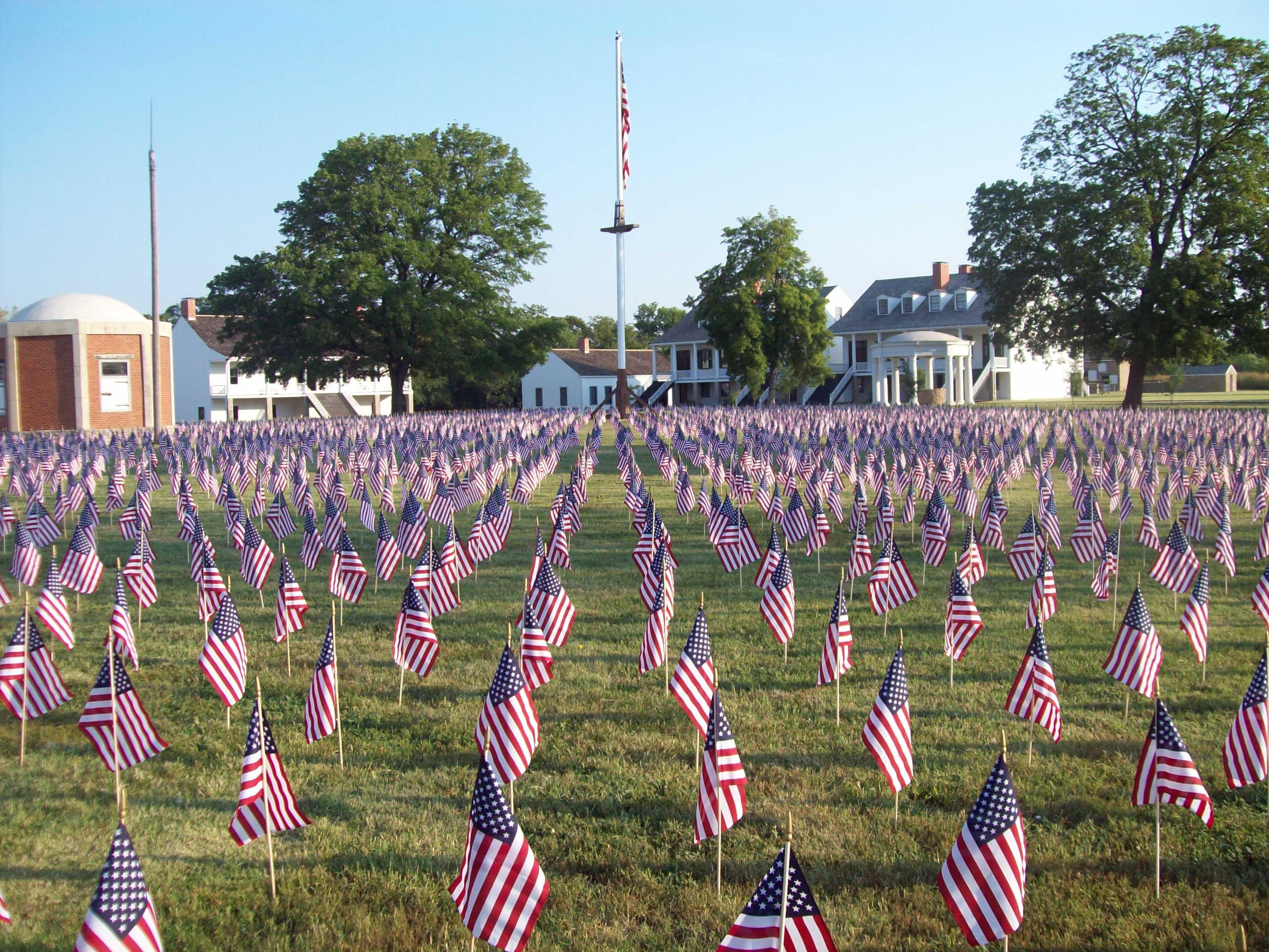 Picture of rows of flags across the parade ground with trees in the background.