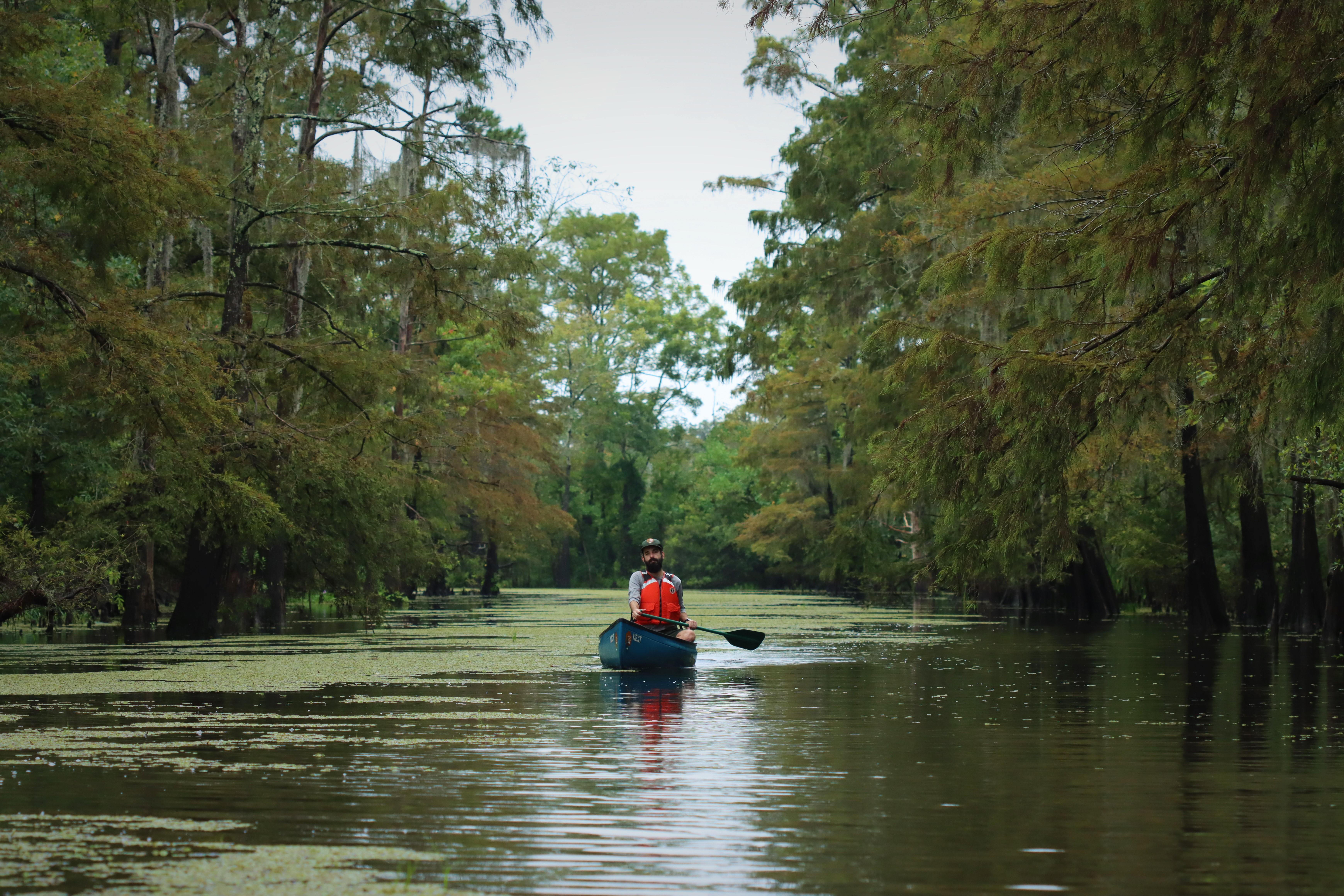 A park ranger paddling a green canoe on a slow-moving waterway below cypress trees.