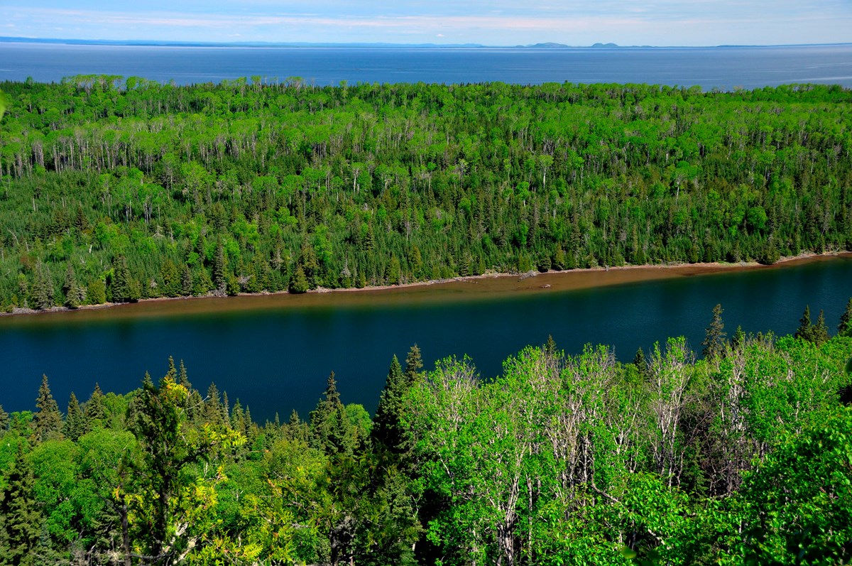 View from above the trees looking down at Duncan Bay Narrows, trees, Lake Superior, and Canada. 
