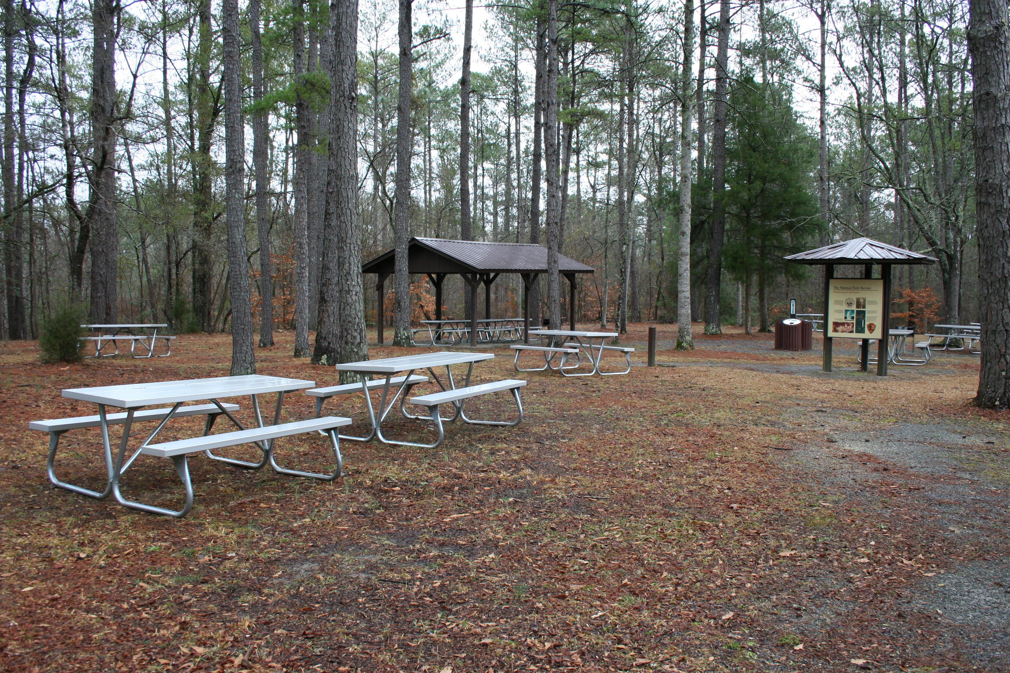 picnic tables, pavilion, and wayside exhibit in main picnic area