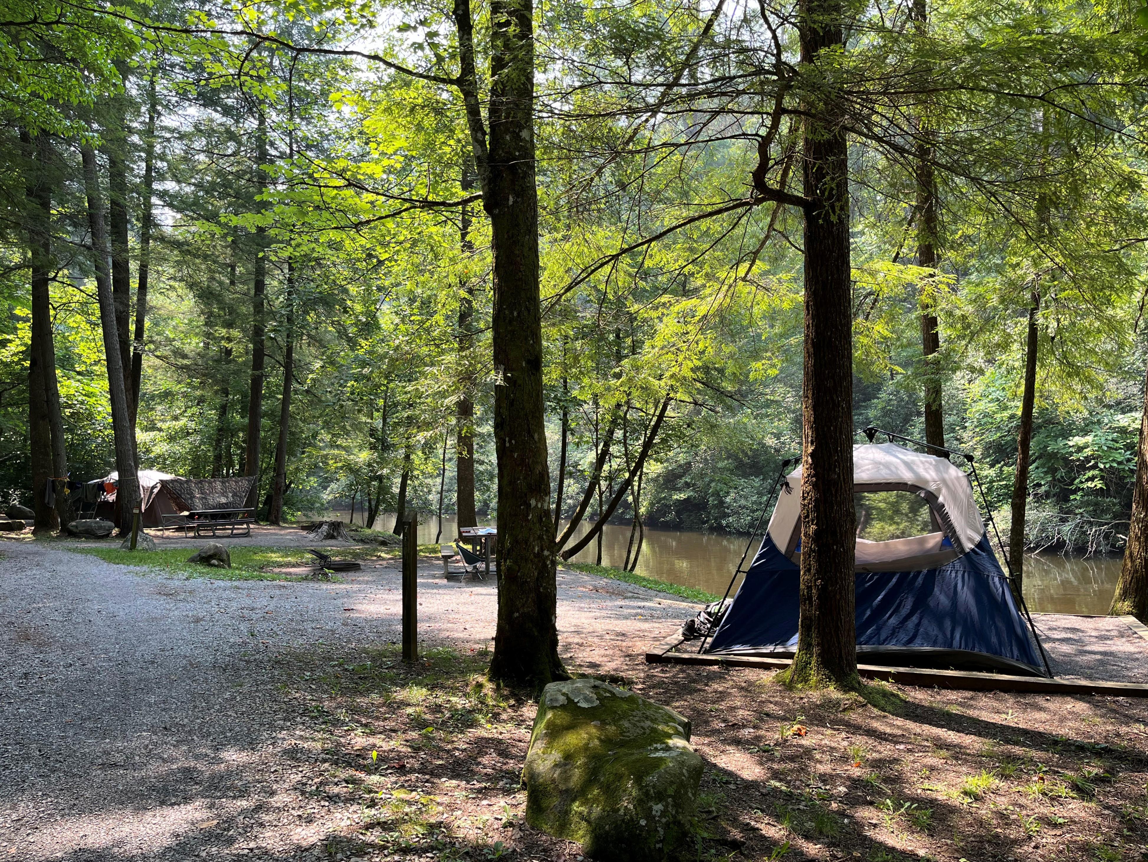Three campsites in a forested area near a creek, one with a large blue and white tent.