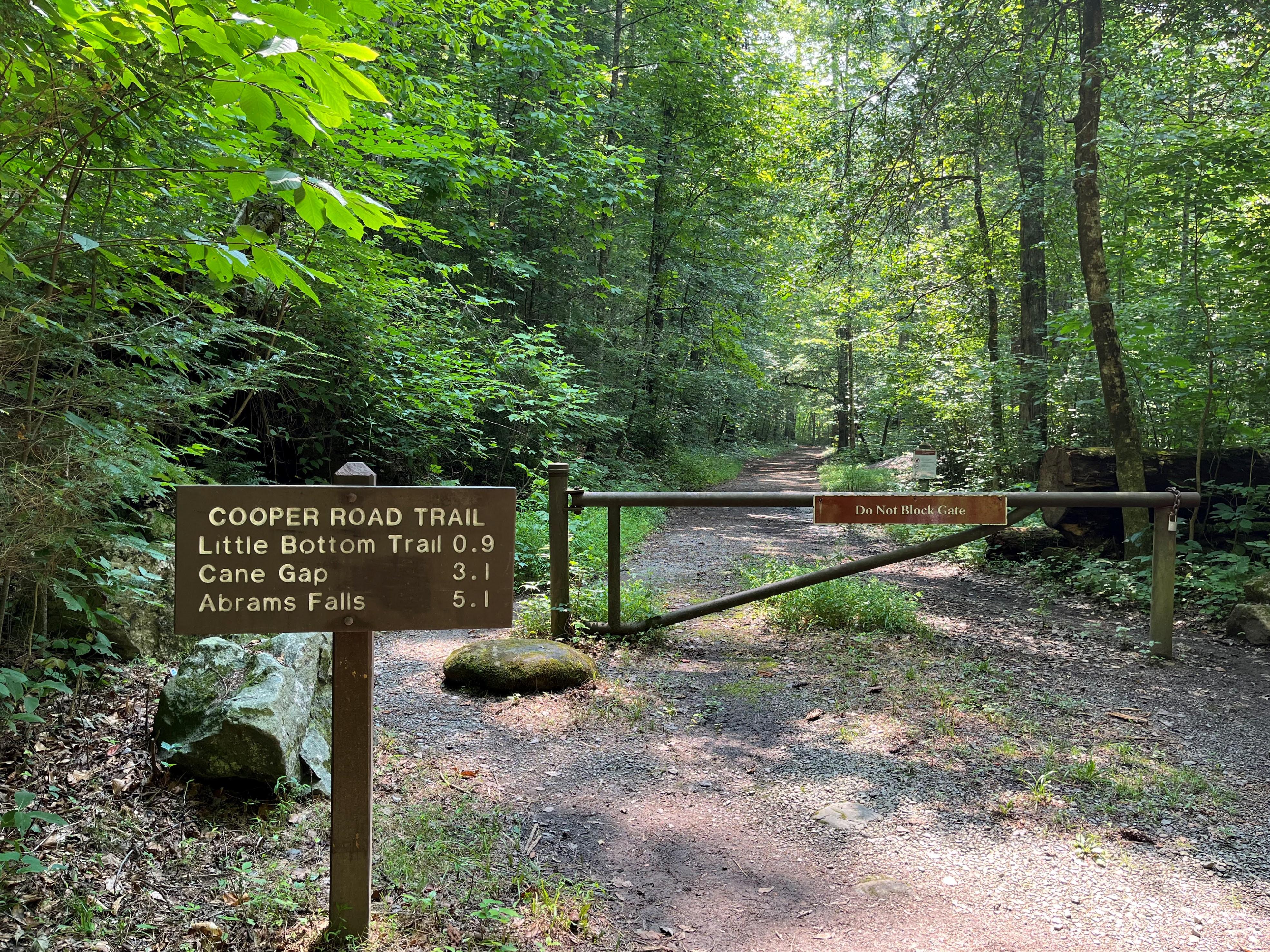 Brown sign that says, "Cooper Road Trail, Little Bottom Trail 0.9, Cane Gap 3.1, Abrams Falls 5.1".