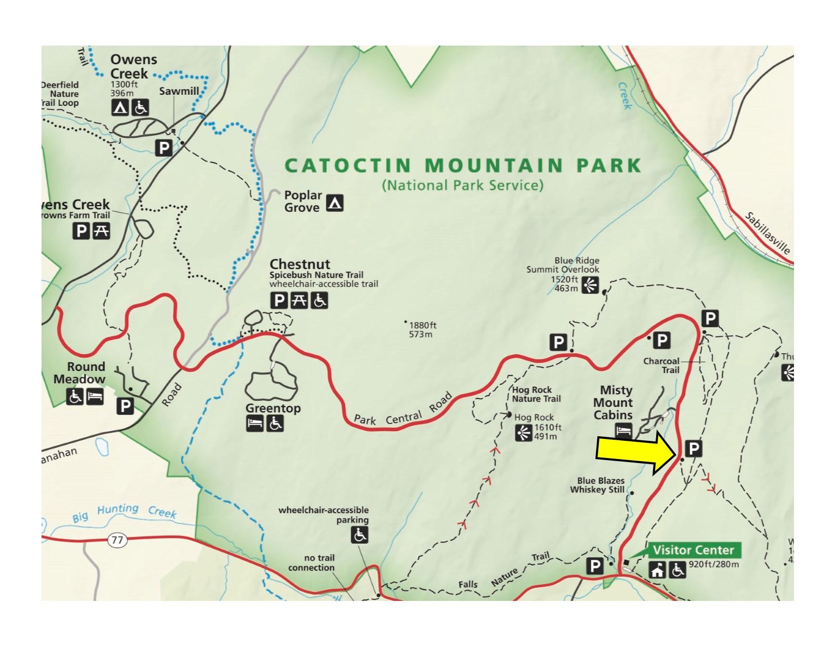 Park Map with a yellow arrow indicating location of parking area