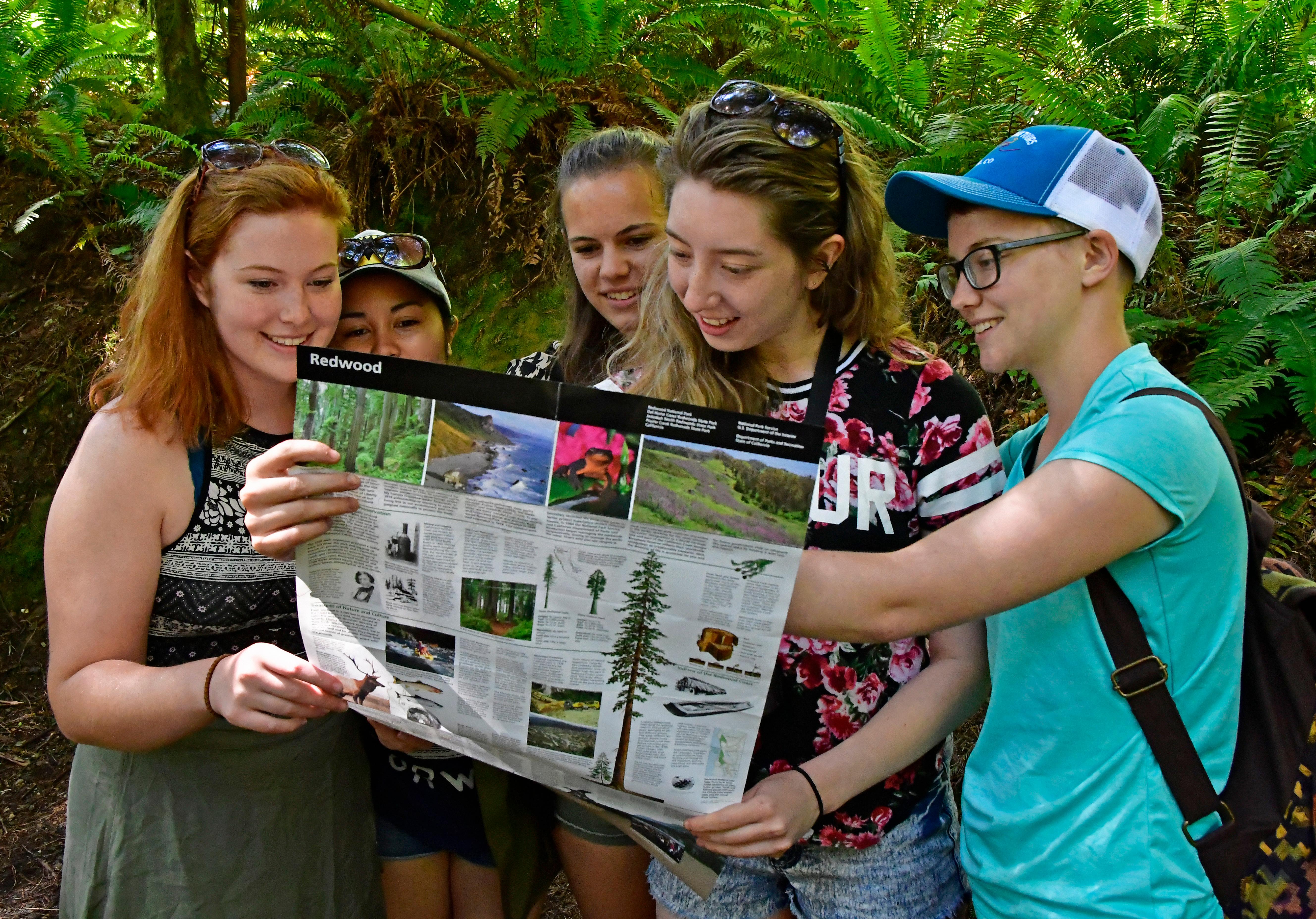 Five young women read the park map.