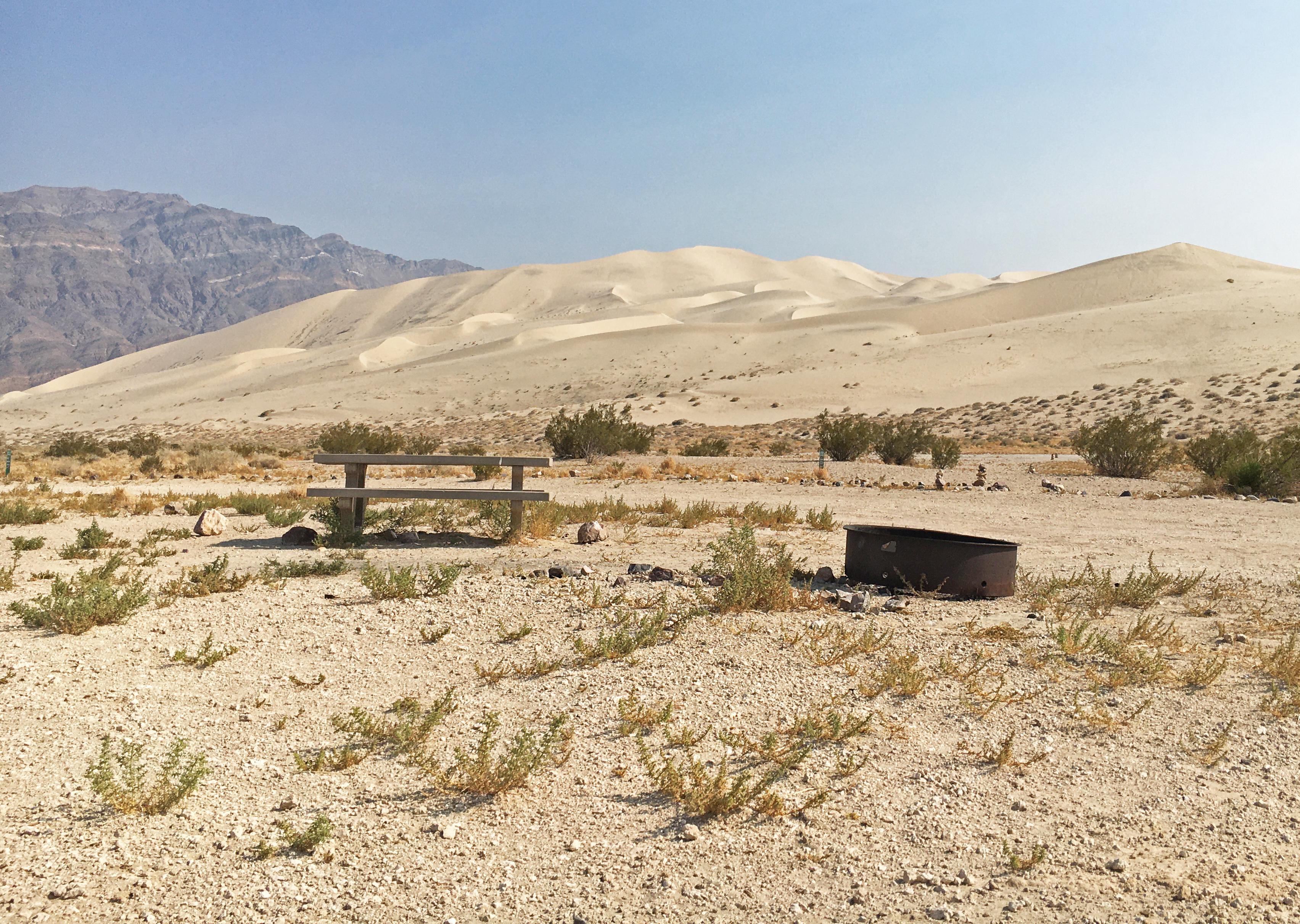 Desert campsite with picnic table, metal fire ring, view of tall sand dunes in the background