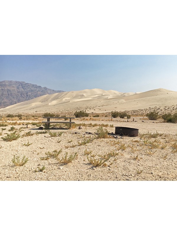 Desert campsite with picnic table, metal fire ring, view of tall sand dunes in the background