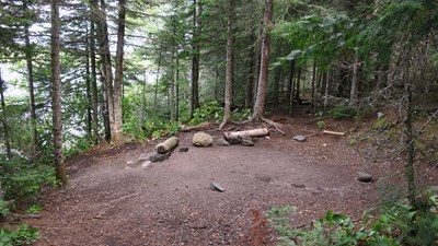 An empty campsite ringed by trees along Lake Superior.