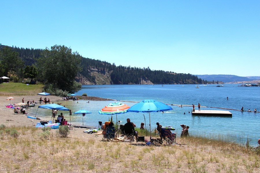 Scattered beach umbrellas shade various people sitting in chairs at a lakeside beach.