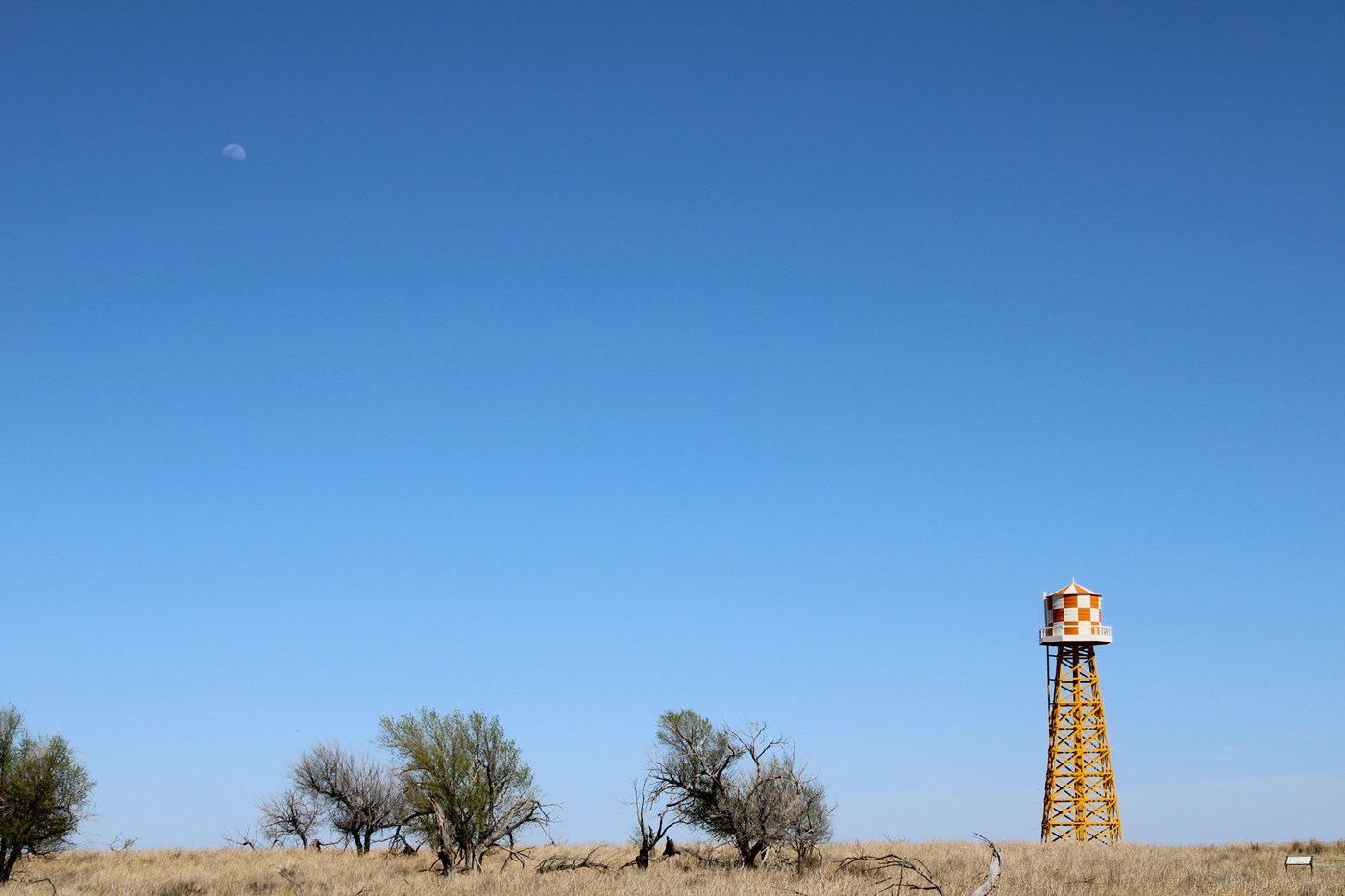 A water tower on the horizon next to trees