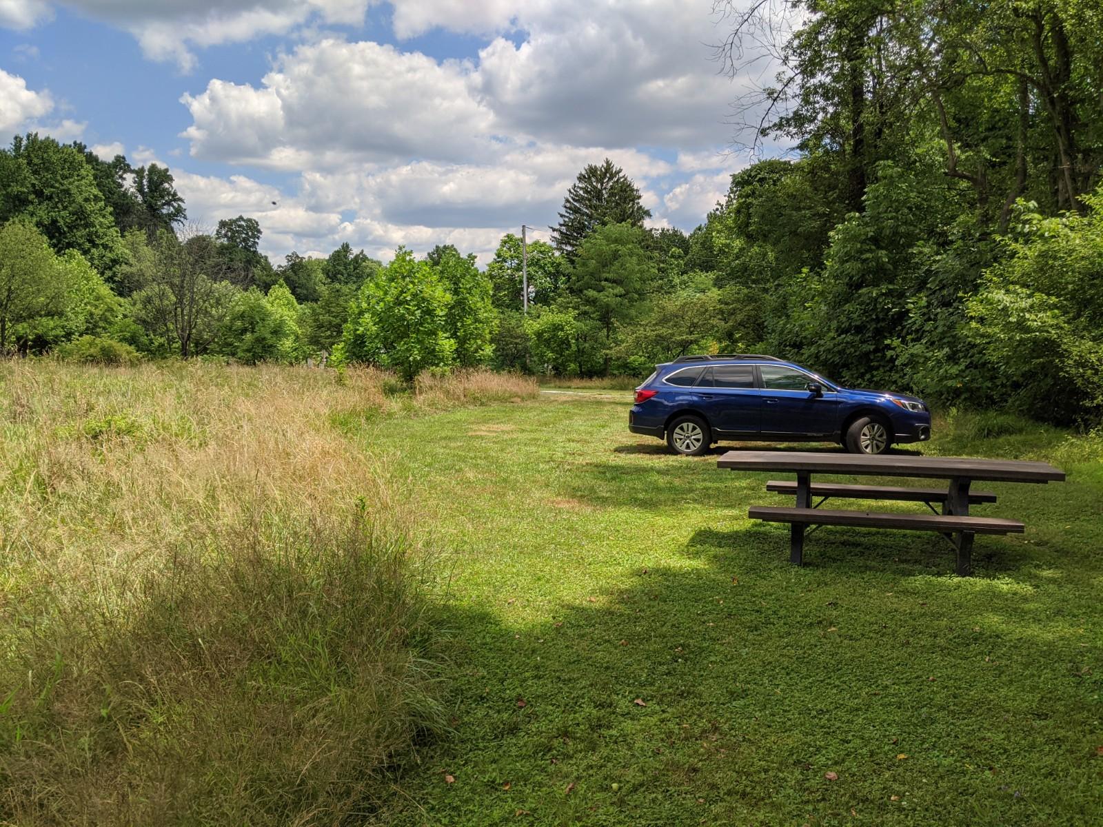 Blue car in grassy and gravel parking area. A picnic bench is on the foreground