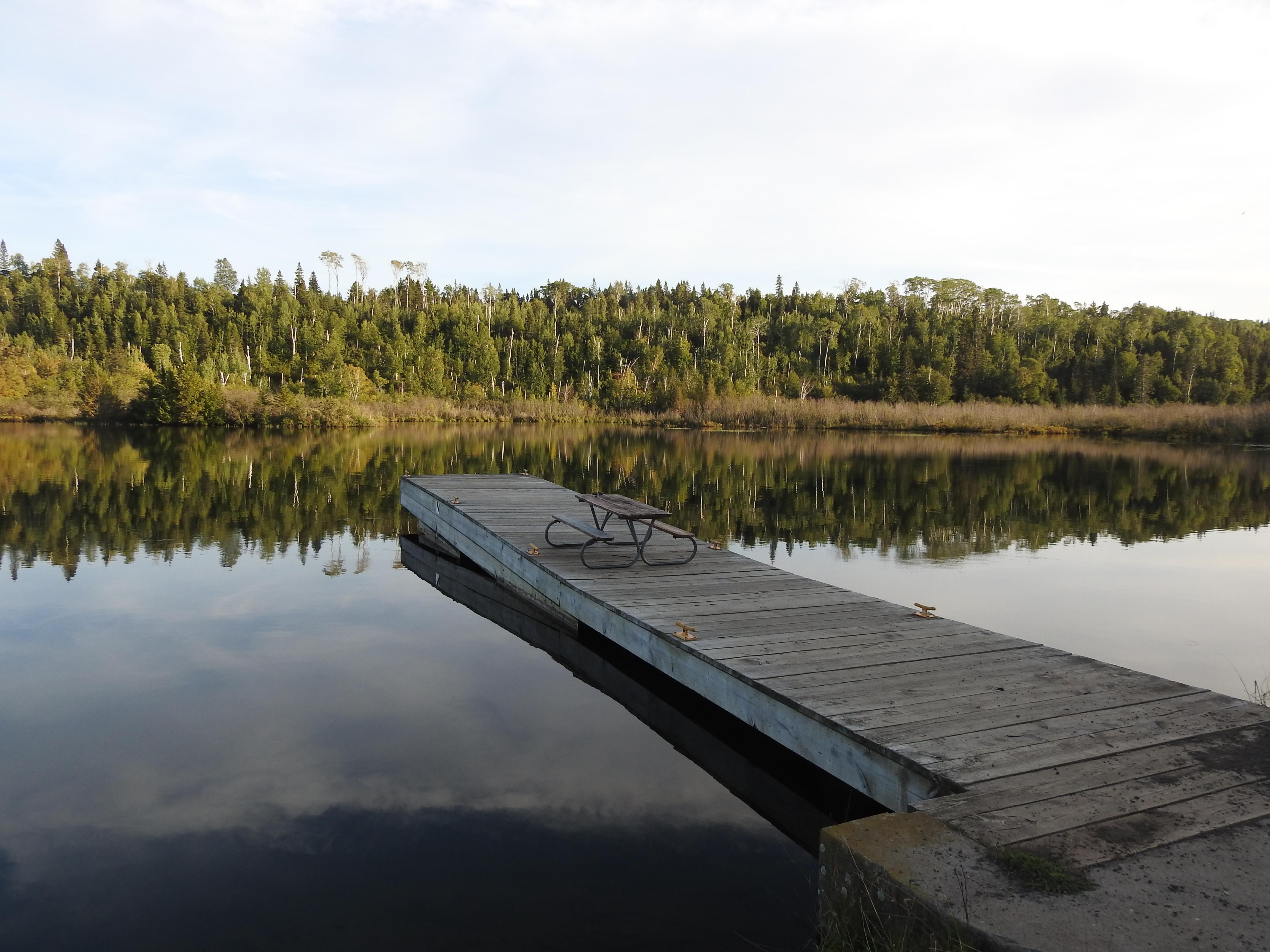 Dock stretching into McCargoe Cove. Shoreline visible across cove.