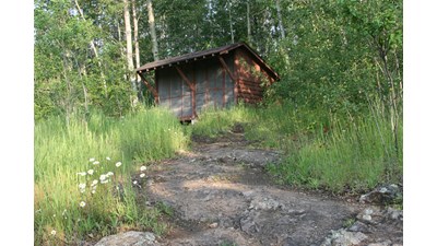 Rock trail leading to a shelter along the forest's edge.