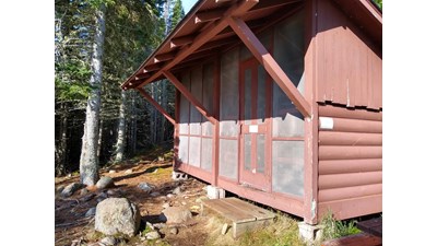 Close up view of the front, mesh side of Isle Royale shelters.