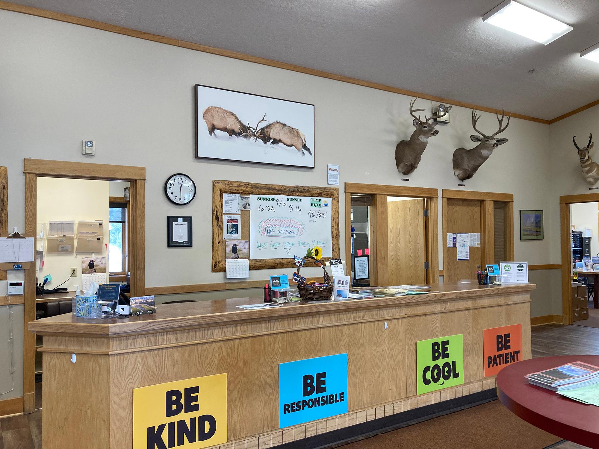 Information desk with wildlife and safety themed decorations.