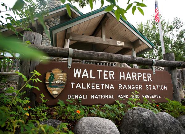 wooden sign with routered letters reading Walter Harper Talkeetna Ranger Station