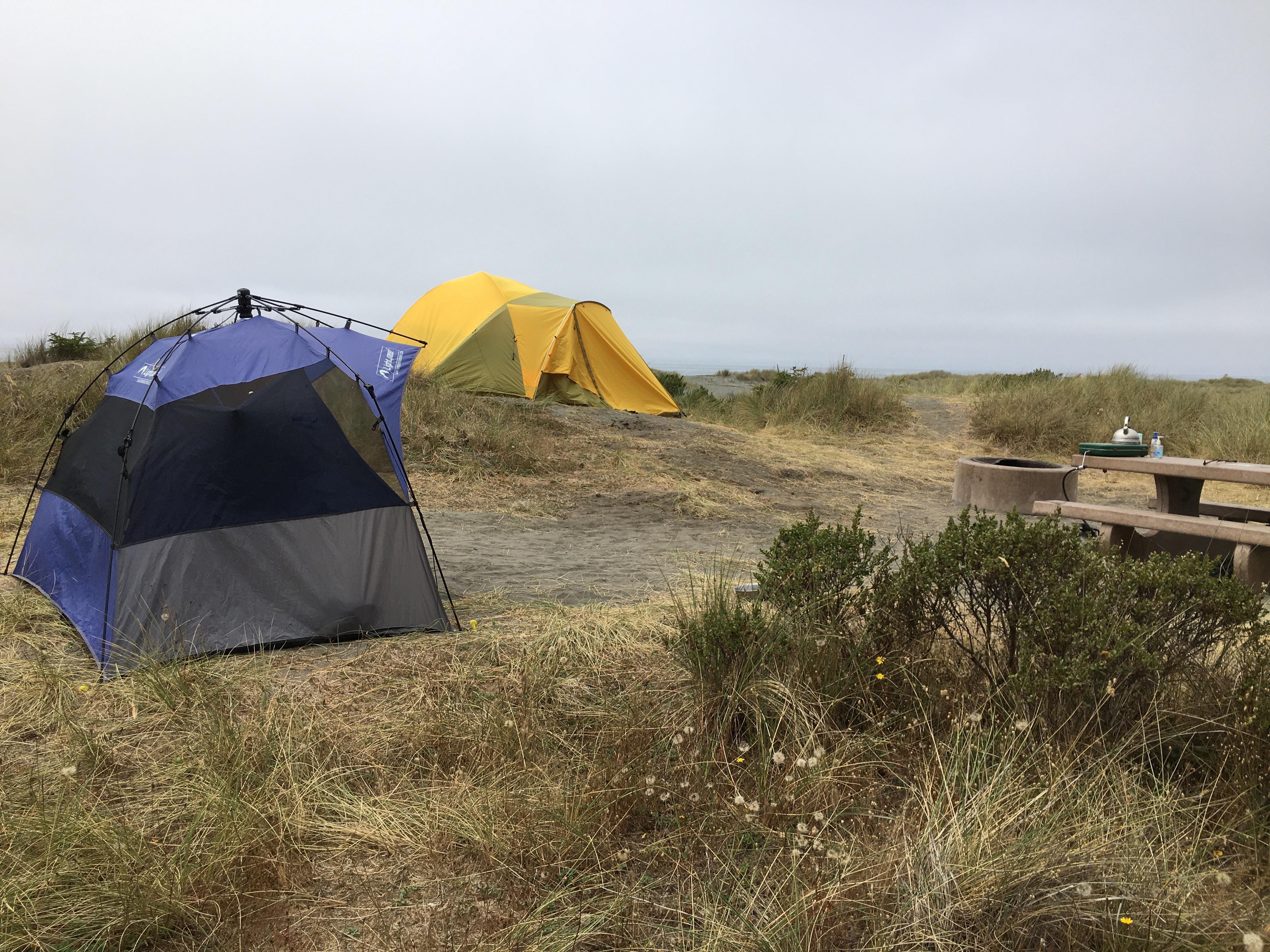 Two tents sit in sand dunes and at a grassy site