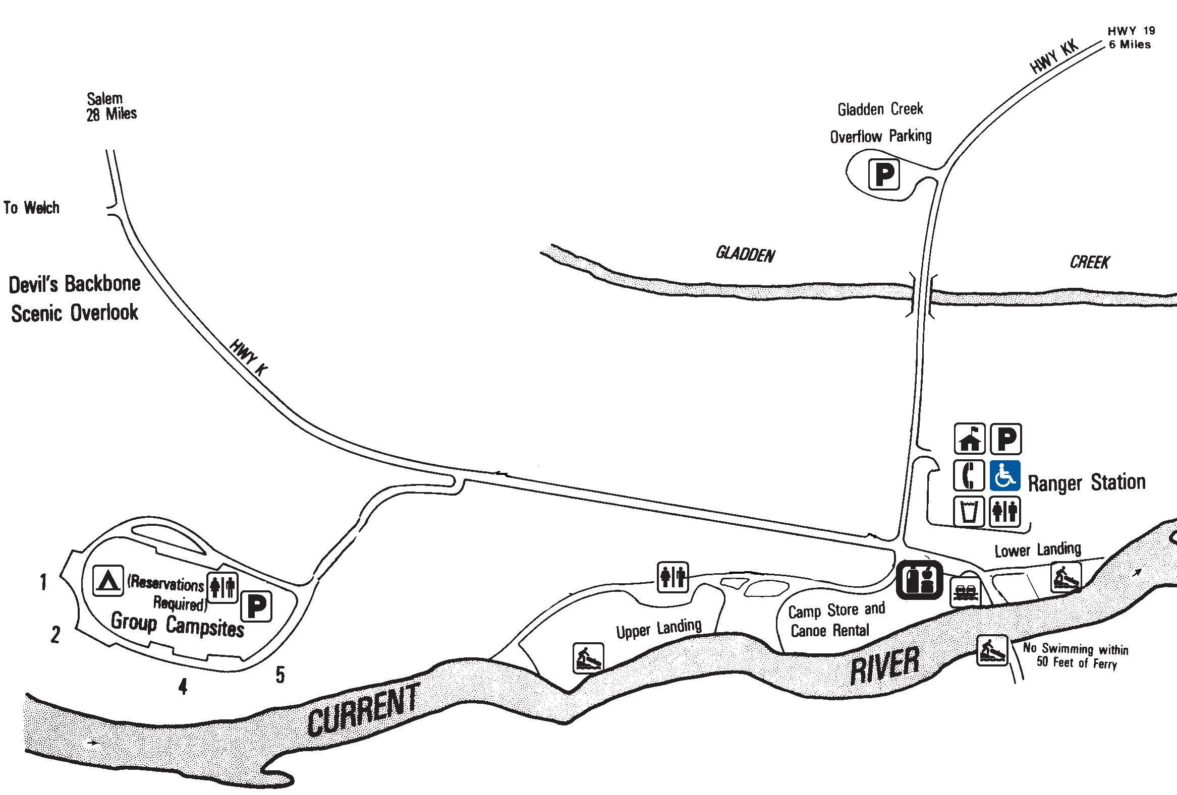 Map showing campsites, restrooms, ranger station, roads and river
