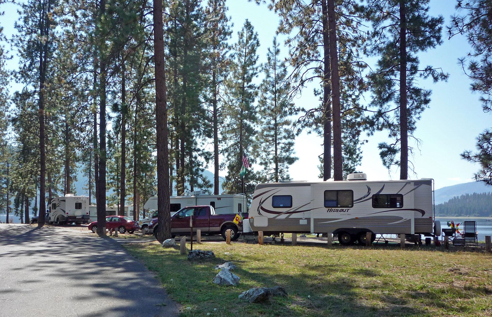 Large RV parked in campsite among ponderosa pine trees with other RVS in background