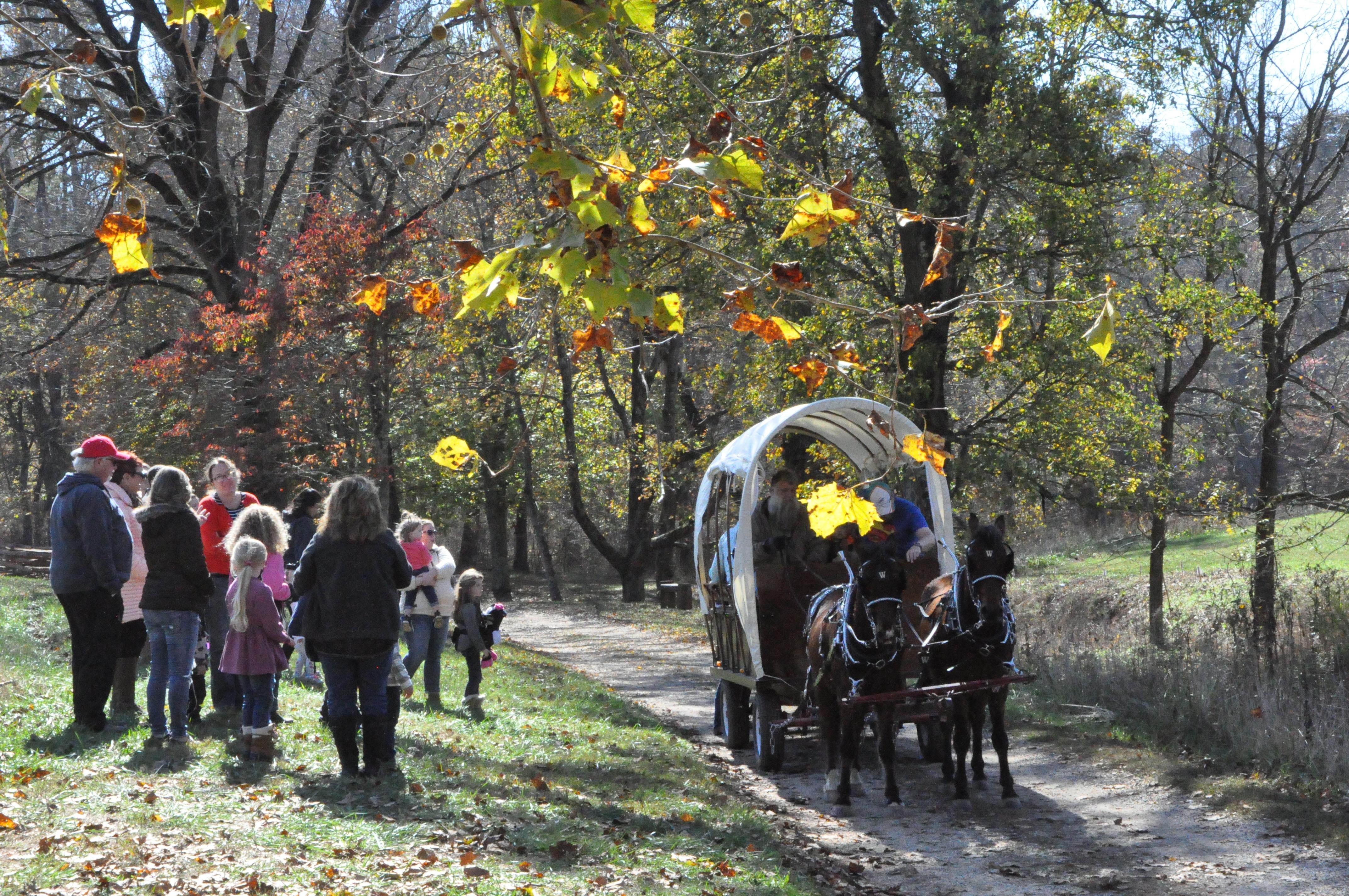 Wagon coming up trail to farm with people