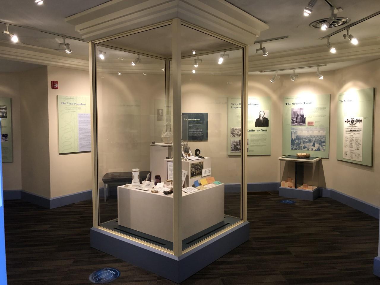 A view of the museum with center case and wall exhibits