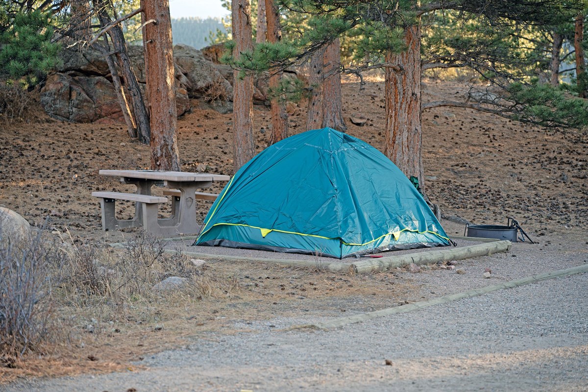 A green tent is set up on a tent pad in a campsite