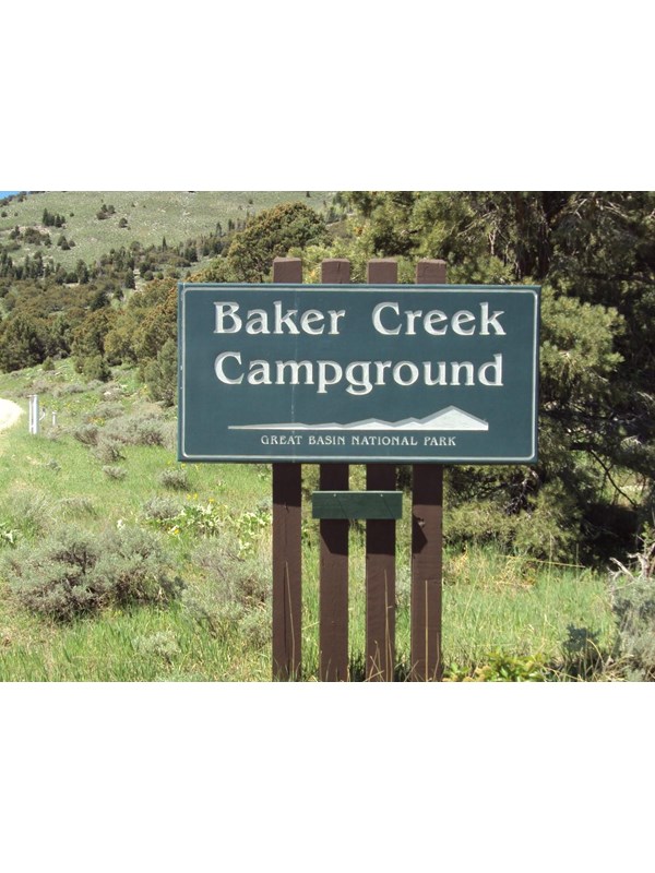 Green sign with white text "Baker Creek Campground"