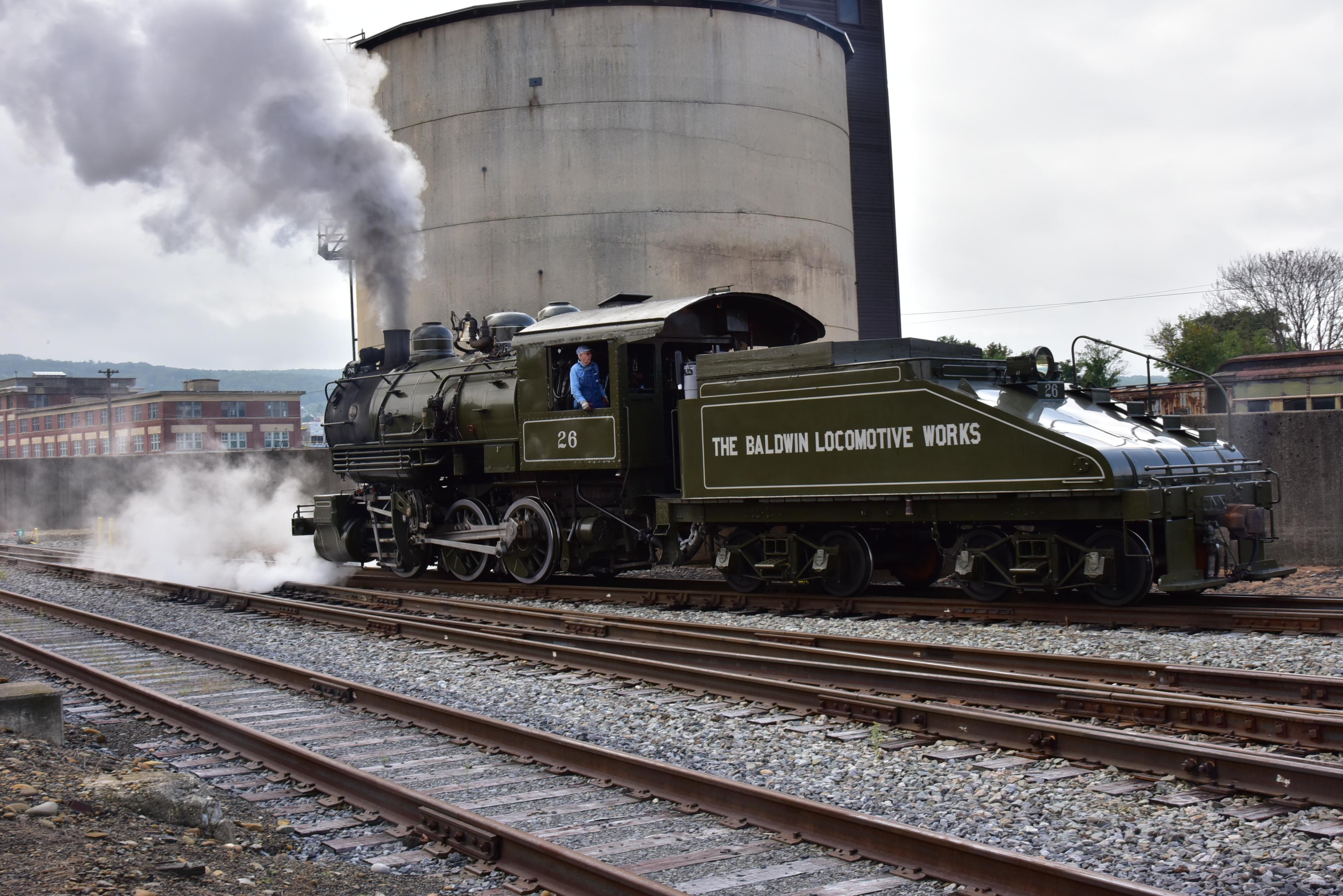 Historic Baldwin Locomotive Works engine number 26 out for a test run on the tracks.