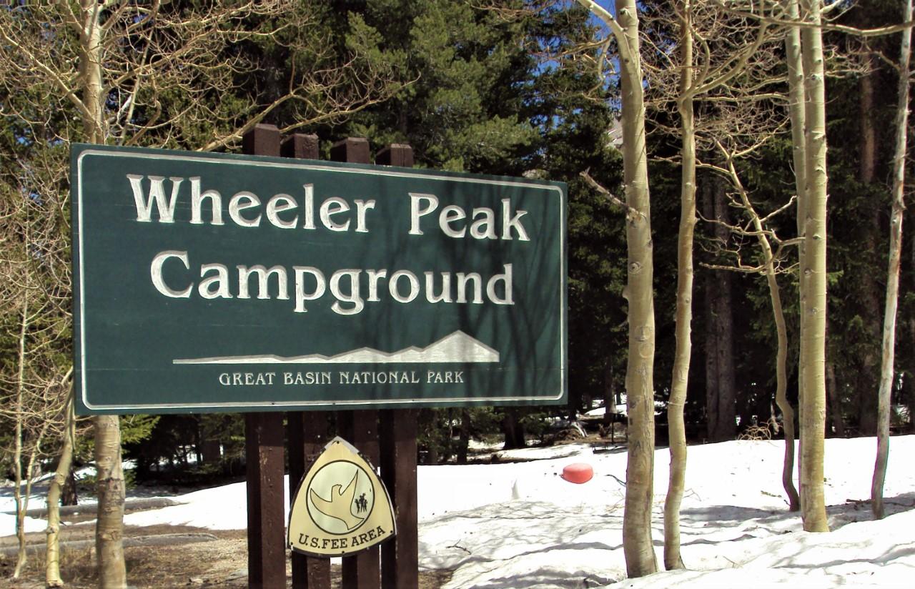 Green sign with white text showing the way to "Wheeler Peak Campground". Snow on the ground.