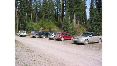 Six dusty cars are parked along side a dirt road with a forest in the background on a sunny day.