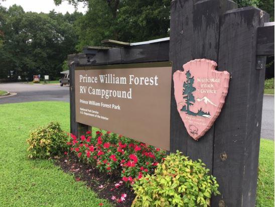 A park sign that reads 'Prince William Forest RV Campground' with NPS arrowhead.