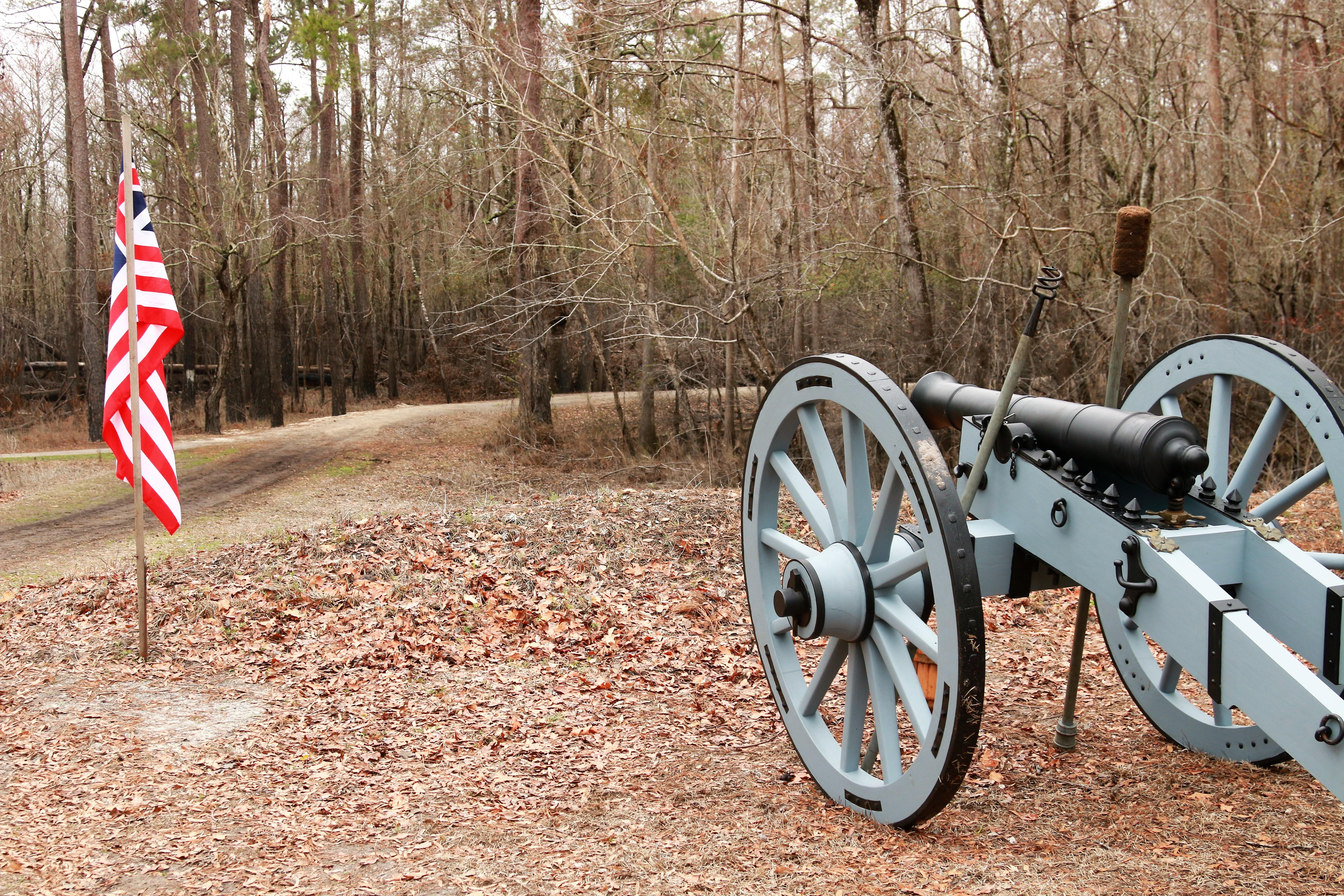 Cannon on a hill on a winter day. American flag to the left of the cannon