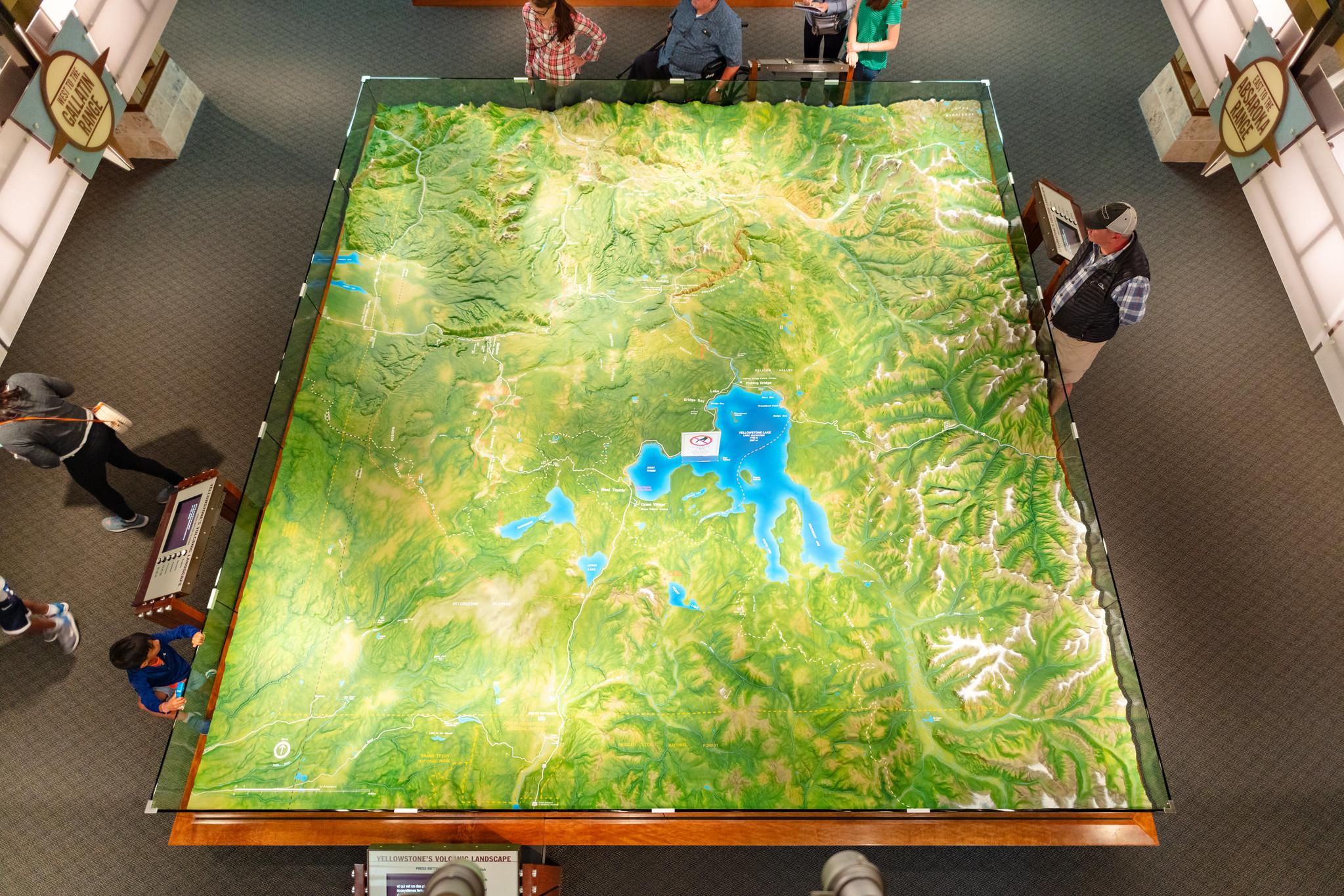 A room-size relief map of Yellowstone National Park.
