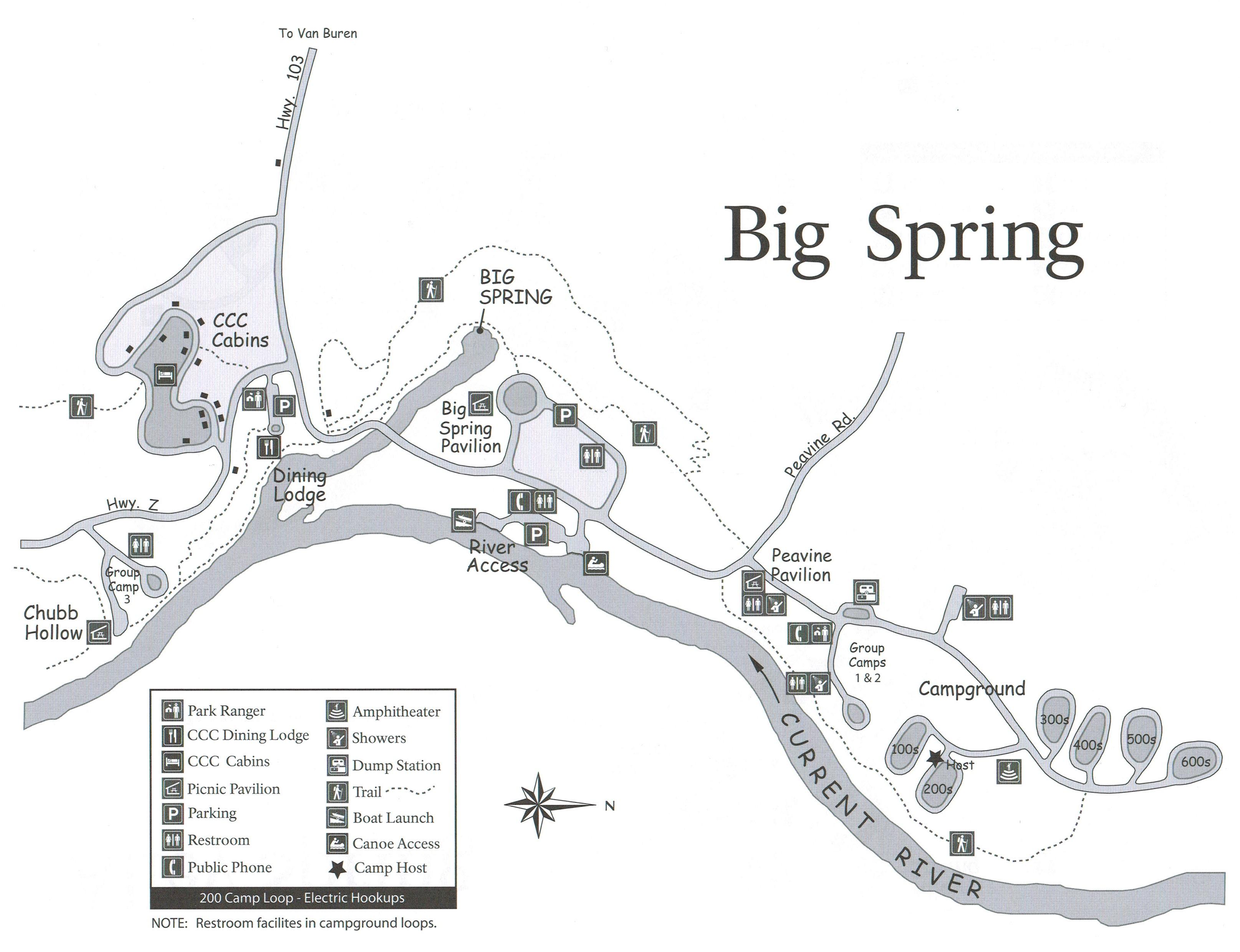 a printed map showing campsites, roads, river, restrooms at Big Spring Campground