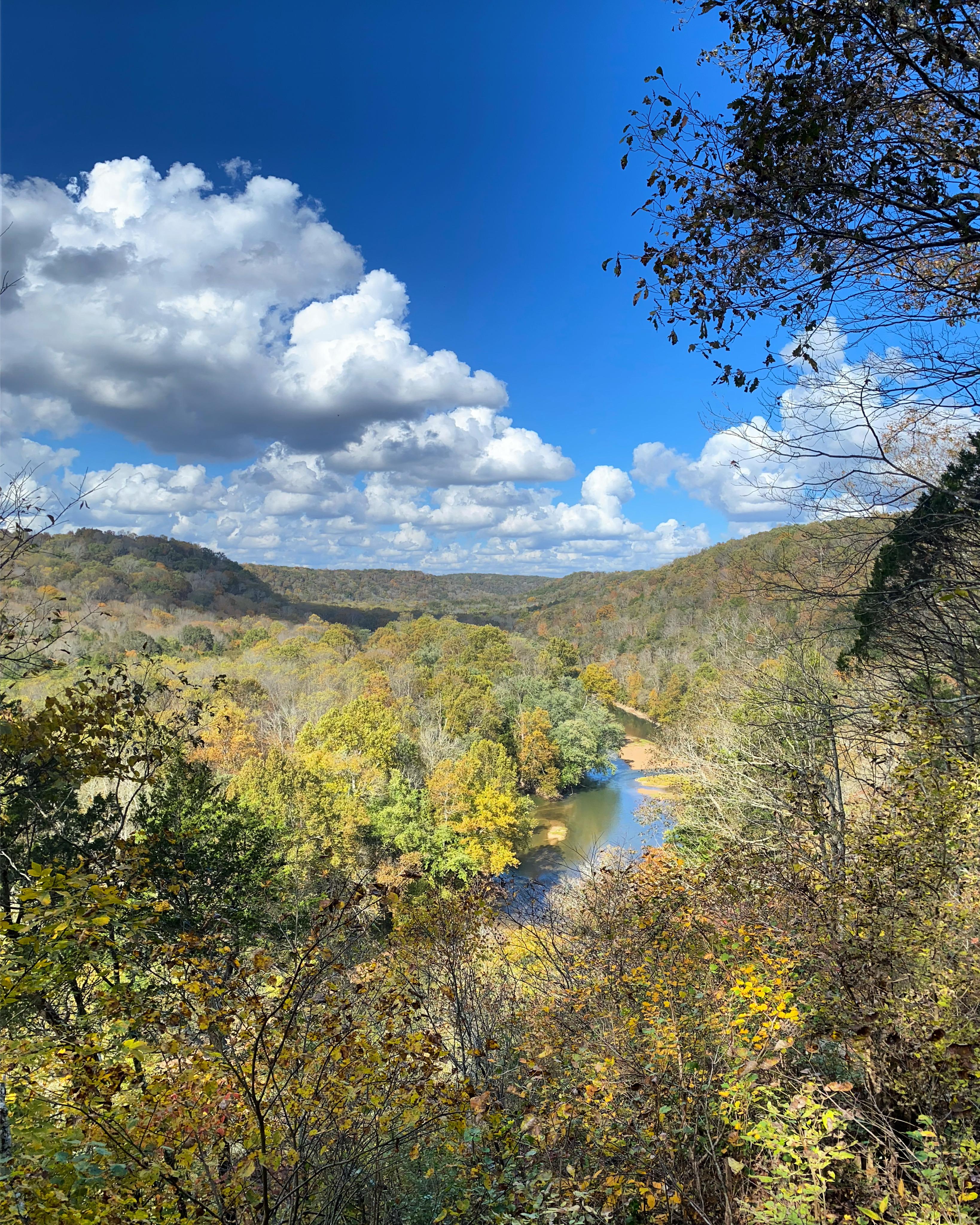 A view of a river valley with hills covered in trees. A blue sky with white clouds stands above.
