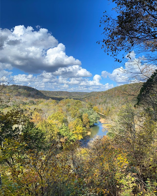 A view of a river valley with hills covered in trees. A blue sky with white clouds stands above. 