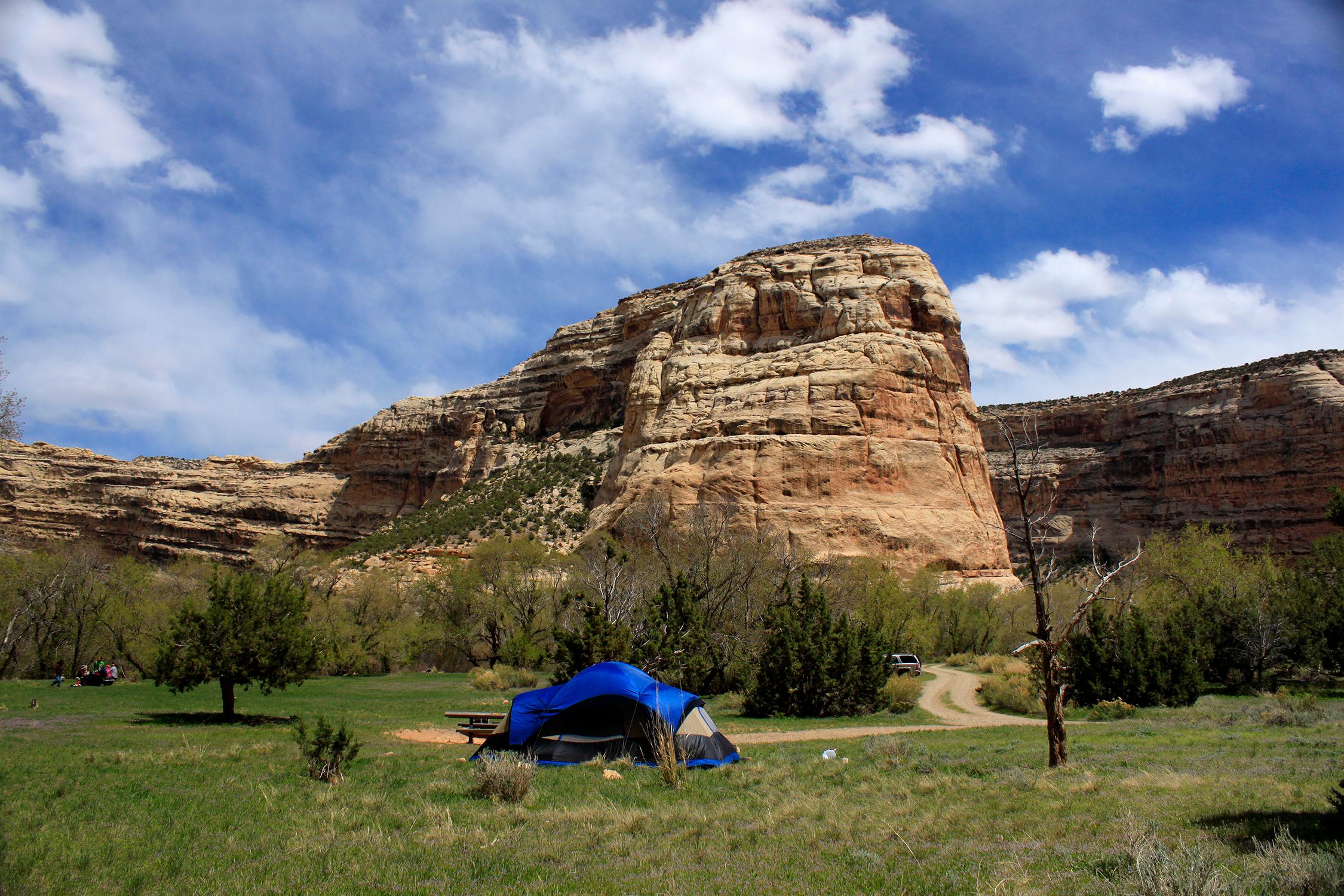 A blue tent sits in an open field with a pinnacle of rock in the background