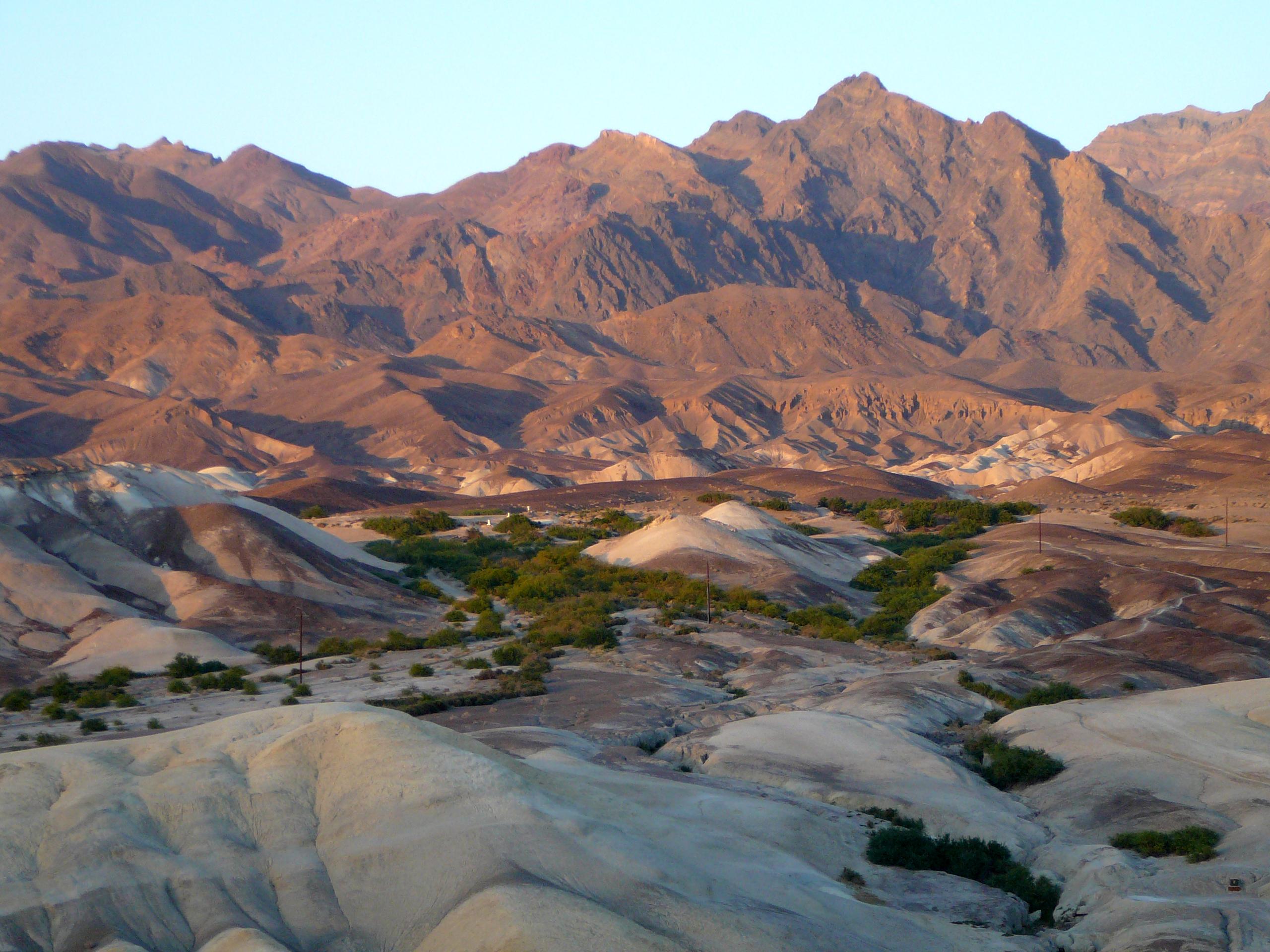 overlooking a valley with a few green trees surrounded by mountains