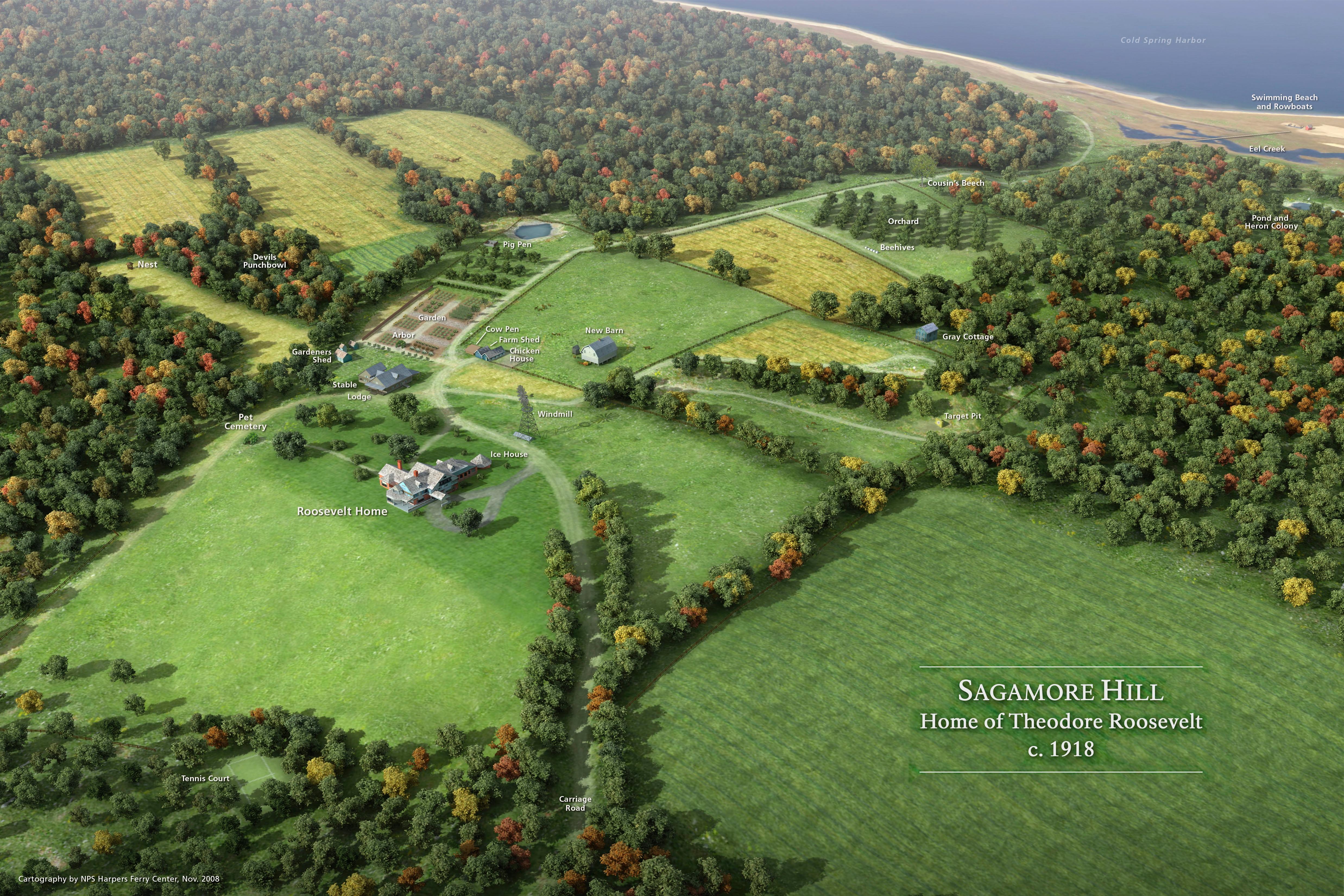 A digital rendering of the Roosevelt home and landscapes of Sagamore Hill circa 1918.