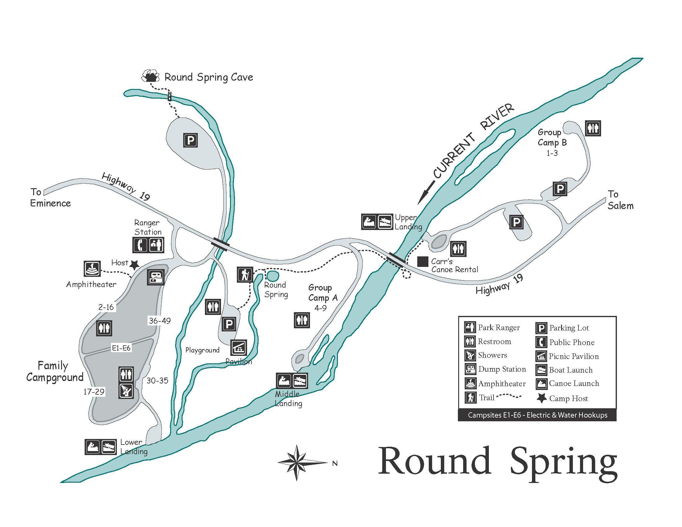 a map showing campsites, restrooms, river access, camp host, ranger station and roads
