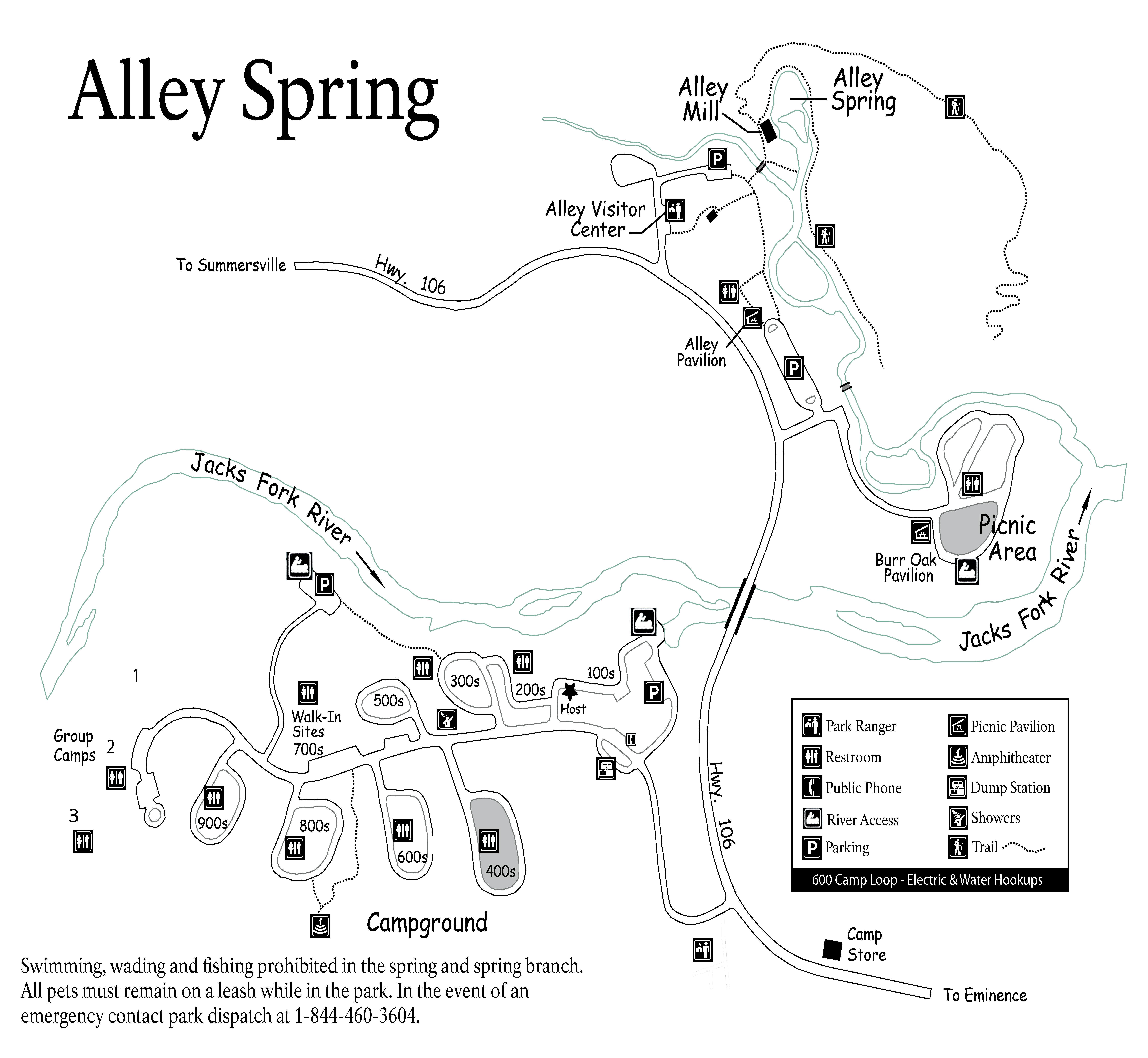 a map showing campsites, roads, trails, restrooms, river access, showers